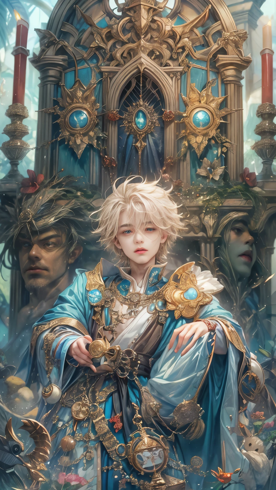 absurdres, highres, ultra detailed, HDR), masterpiece, Intricate details,best quality close-up picture of a character from Tales of the rays, handsome adult boy in tim burton style, anime eyes, Hero Outfit, in a legend of mana style of interior home design, detailed interiors, cemetery scenery, detailed character, art kenouji