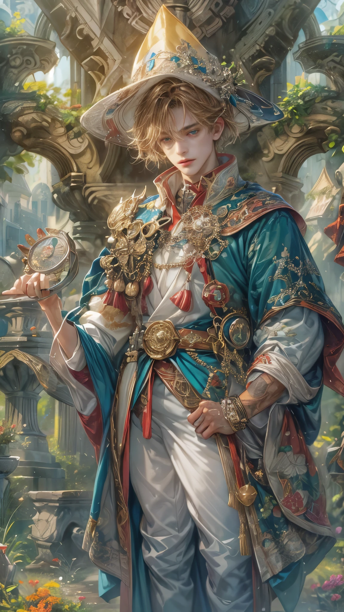 absurdres, highres, ultra detailed, HDR), masterpiece, Intricate details,best quality close-up picture of a character from Tales of the rays, handsome adult boy in tim burton style, anime eyes, Hero Outfit, in a legend of mana style of interior home design, detailed interiors, cemetery scenery, detailed character, art kenouji