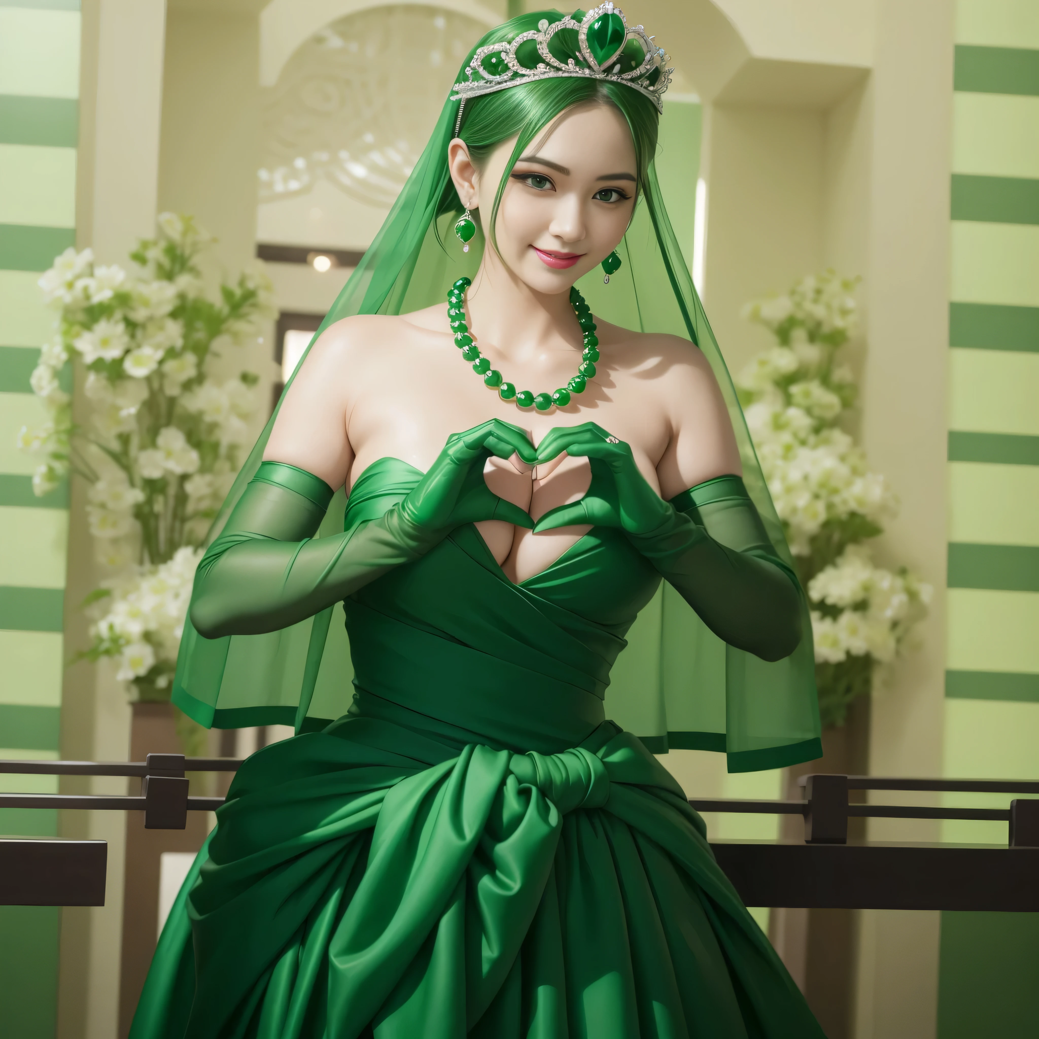 emerald tiara, Green Pearl Necklace, ボーイッシュな非常に短いgreen hair, green lips, smiling Japanese woman, very short hair, Beautiful woman with big breasts, green eyes, green satin long gloves, green eyes, emerald earrings, Green veil, Heart with both hands, green hair, beautiful japanese woman, heart shaped hands:1.3, green lip gloss