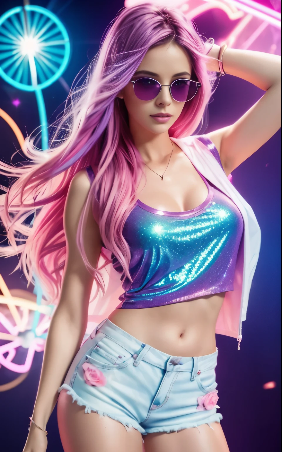 beautiful body of 30 years old woman wearing sunglasses with purple frames and pink color glass illuminated by colorful lights photorealistic background bright colors Luminous background of neon pink and neon blue glitter powder with blonde hair pink and blue smoke vapor, Blue eyes,wide,ripped shorts,White shirt,
