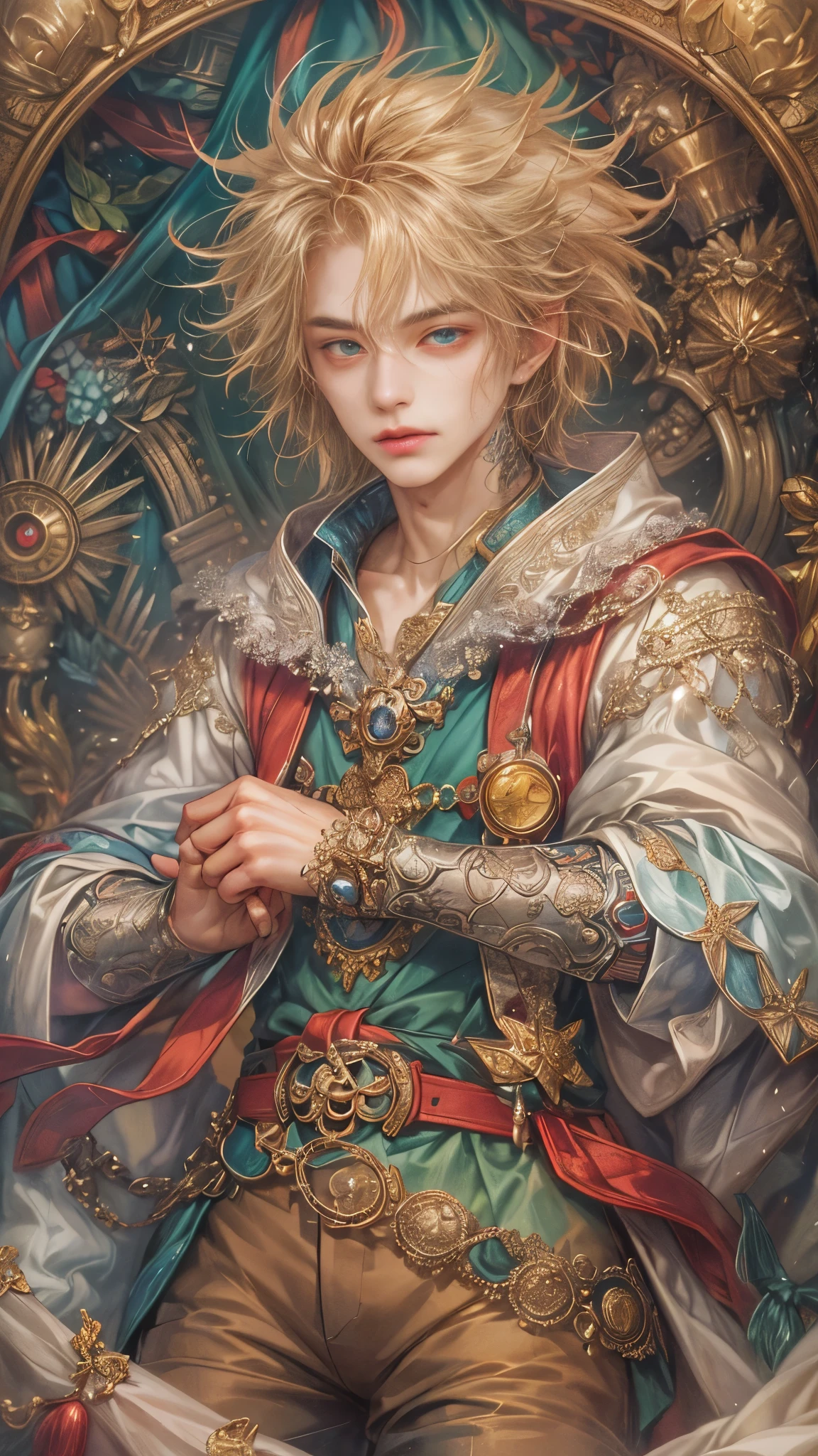 (absurdres, highres, ultra detailed, HDR), masterpiece, Intricate details,best quality close-up picture of a character from tear ring saga, handsome adult boy in tim burton style, anime eyes, Hero Outfit, in a legend of mana style of interior home design, detailed interiors, detailed character, art kenouji