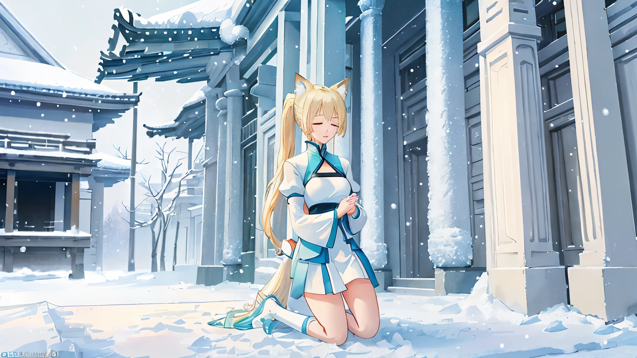 Blonde girl, pony tail, aqua mage, healer mage, praying, snowy day, on knees, entrance of a temple, five fingers, exposed breasts, white dress, realistic anime style, exposed legs, cloudy, fox ears, really close portait, snow falls, closed eyes, looks at viewer, small breasts, pillars,