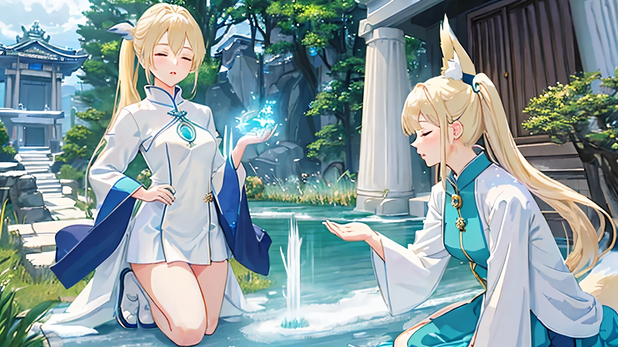 Blonde girl, pony tail, aqua mage, healer mage, praying, on knees, entrance of a temple, five fingers, exposed breasts, white dress, realistic anime style, exposed legs, cloudy, fox ears, really close portait, snow falls, closed eyes, looks at viewer, small breasts, pillars,