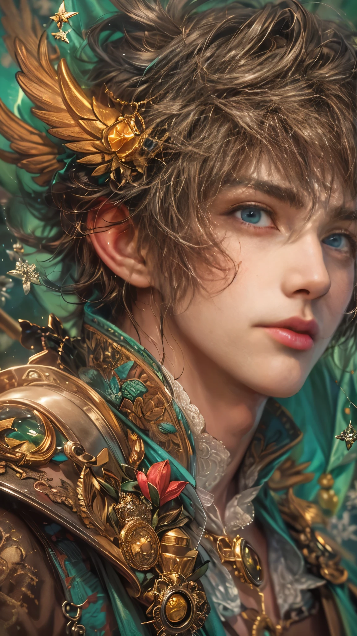 (absurdres, highres, ultra detailed, HDR), masterpiece, Intricate details,best quality close-up picture of a character from Grimm's Fairy Tales, handsome adult boy in tim burton style, anime eyes, Hero Outfit, in a legend of mana style of interior home design, detailed interiors, detailed character, art kenouji