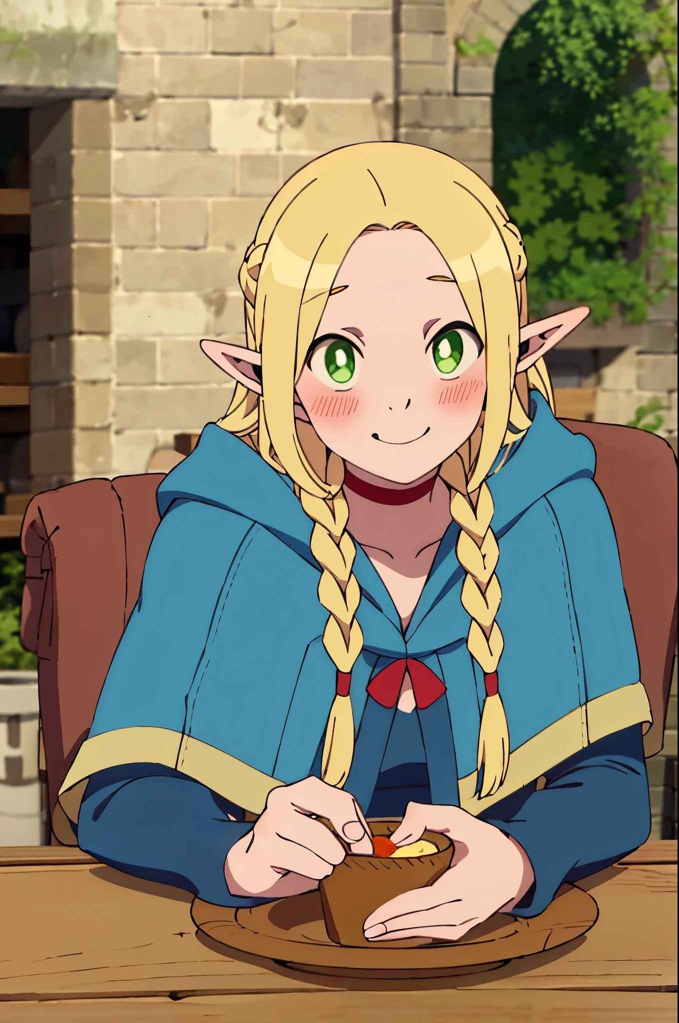 ((masterpiece,best quality)), absurdres,
Marcille_Donato_DungeonMeshi, 
1girl, solo, blonde hair, long hair, twin braids, elf, pointy ears, green eyes,
red choker, blue capelet, 
eating, plate, spoon
solo, smile,  blush, looking at viewer,