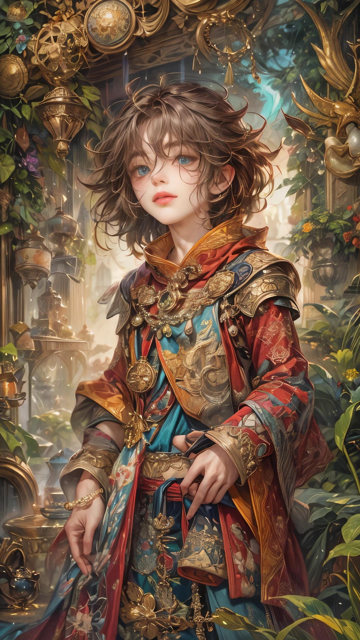 (absurdres, highres, ultra detailed, HDR), masterpiece, Intricate details,best quality close-up picture of a character from Grimm's Fairy Tales, handsome adult boy in tim burton style, anime eyes, Hero Outfit, in a legend of mana style of interior home design, detailed interiors, detailed character, art kenouji