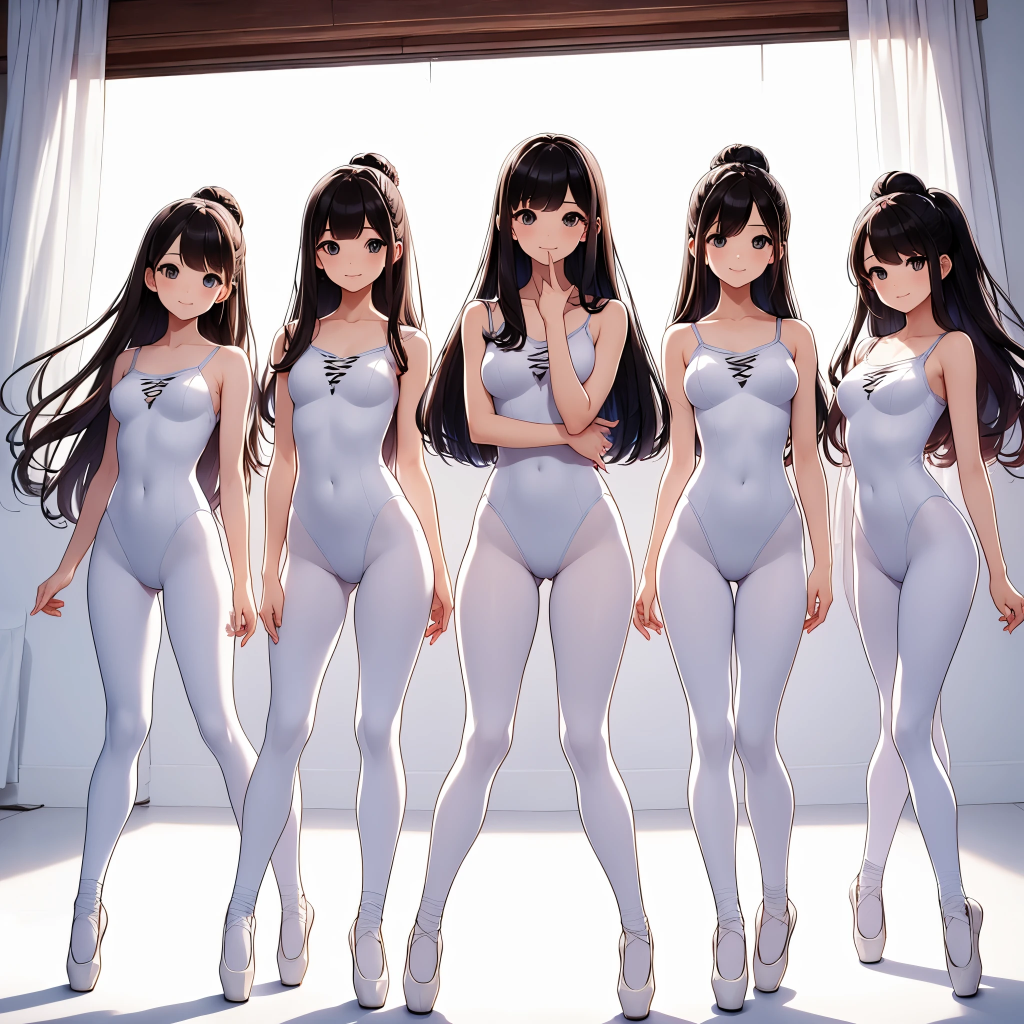 ((full body)),(masterpiece, best quality), 3 girls ,((Contrapposto:1.5)), looking at viewer, walking,((v_arms:1.2)), ((white full-length tights:1.3)), wearing gymnastics_outfit leotard:1.3), , BREAK masterpiece black hair, ((long hair:1.2)), ((parted bangs:1.3)), black eyes, good hand, ((small breasts)), (over 20 years old, under 25 years old:1.2), , spotlight, happy, smile, BREAK in the class room