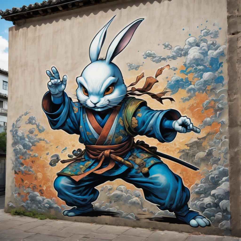 (masterpiece, best quality), magical Usagi Yojimbo Graffiti Comics on wall, ultra detail Graffiti background, wide shot, magical details, aerial view,
