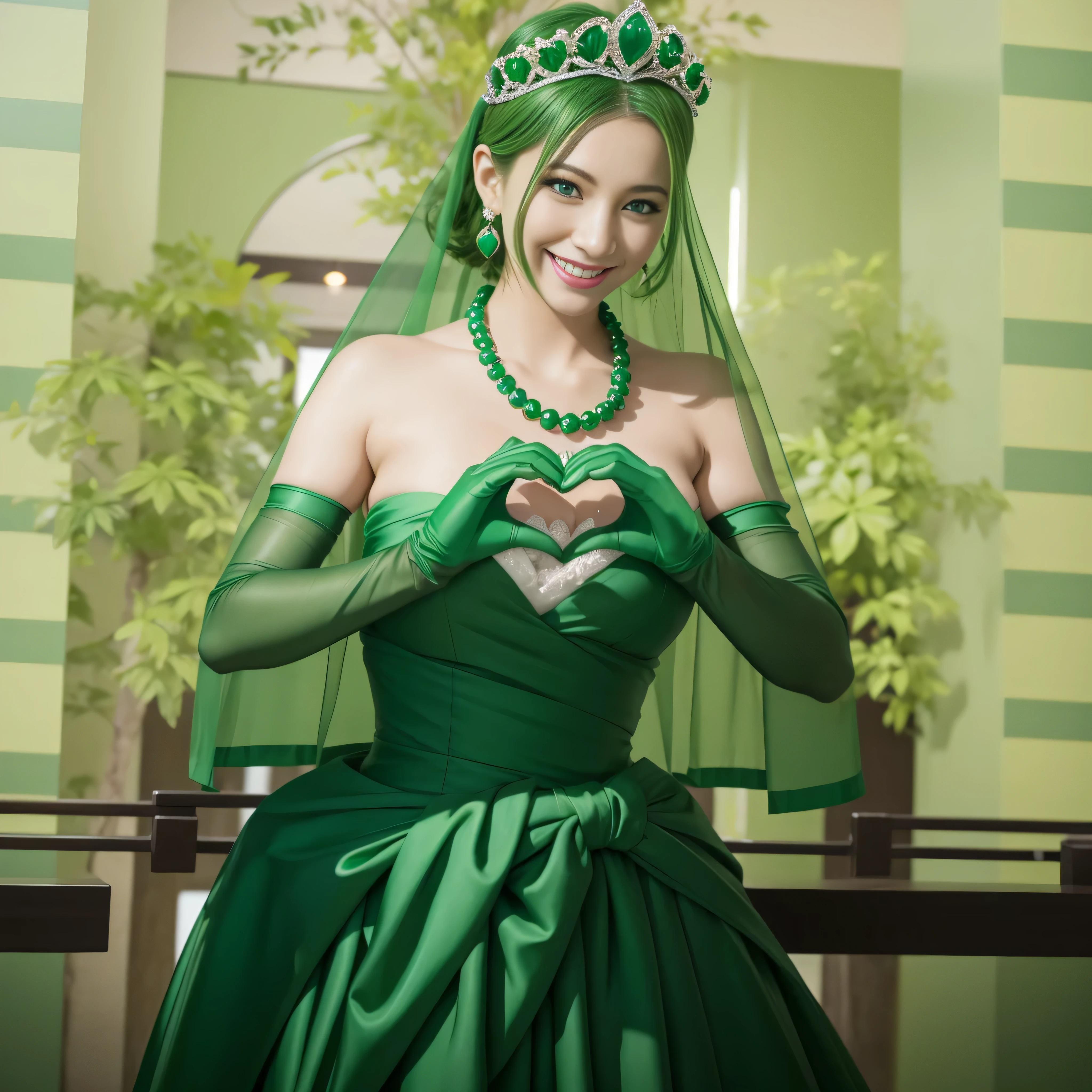 emerald tiara, Green Pearl Necklace, ボーイッシュな非常に短いgreen hair, lipstick, smiling Japanese woman, very short hair, beauty of big breasts, green eyes, green satin long gloves, green eyes, emerald earrings, Green veil, Heart with both hands, green hair, beautiful japanese woman, heart shaped hands:1.3, green lip gloss