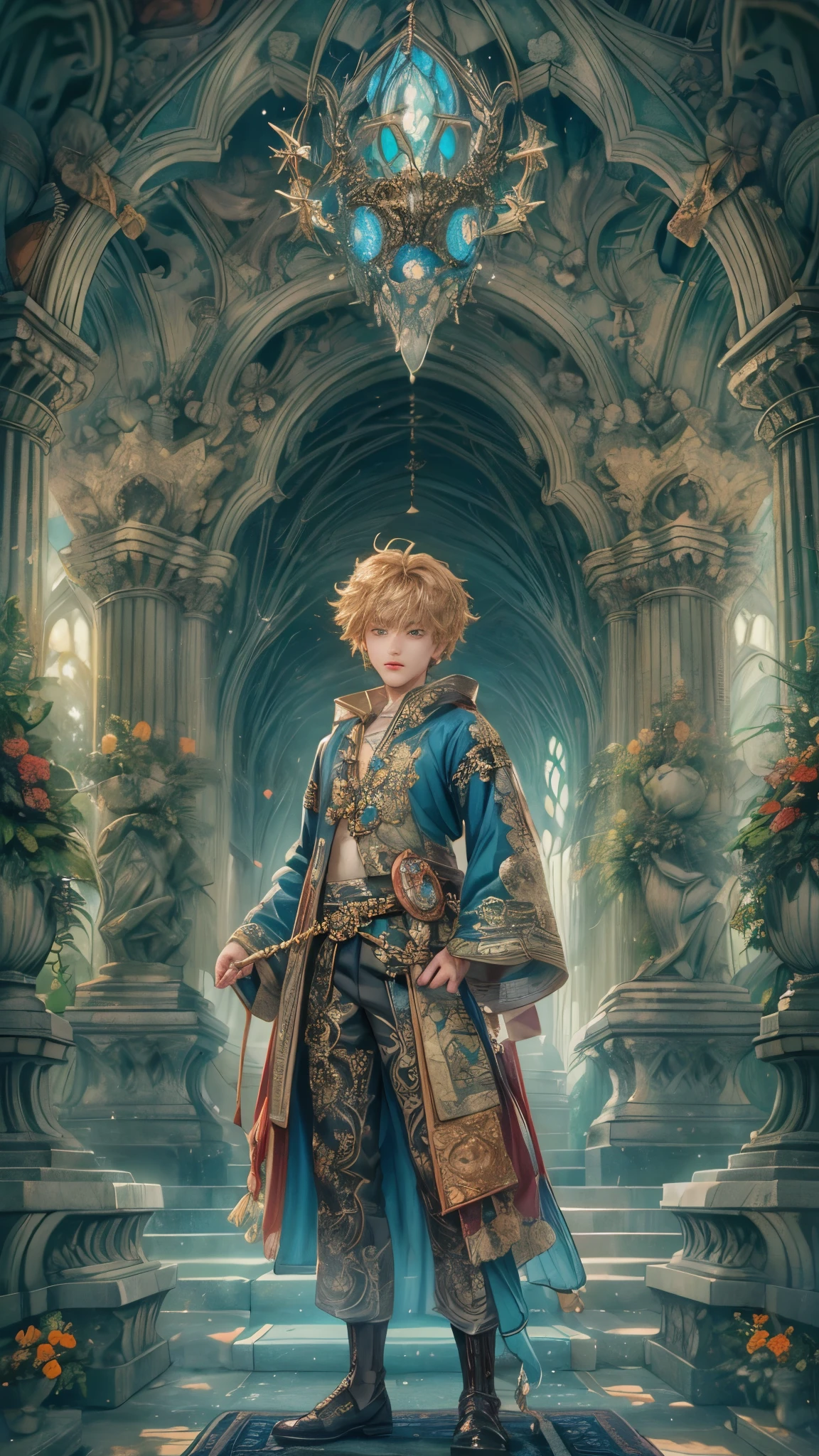 absurdres, highres, ultra detailed, HDR), masterpiece, Intricate details,best quality close-up picture of a character from Tales of the rays, handsome adult boy in tim burton style, anime eyes, Hero Outfit, in a legend of mana style of interior home design, detailed interiors, cemetery scenery, detailed character, art kenouji