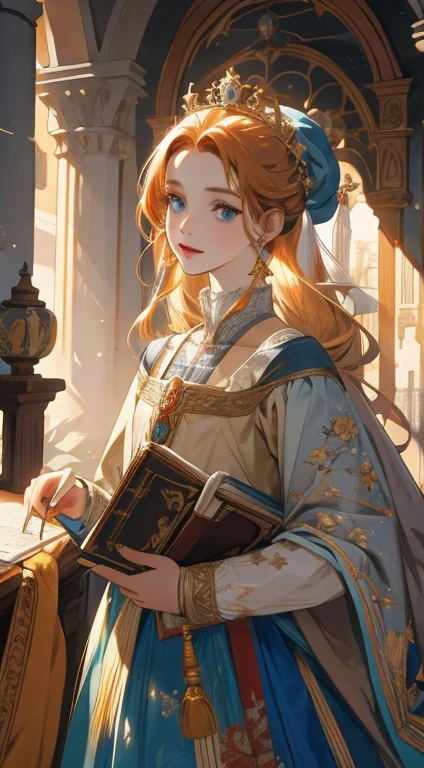 (Obra maestra: 1.2, Mejor calidad), Realista, (Realista picture, detalles complejos, Profundidad de campo), Mejor calidad, Obra maestra, muy detallado, Medio realista, 1 chica, Stellar Blade, , 21 years, con el pelo corto y dorado, The left eye is covered with hair., Blue eyes, la ropa del rey, capa roja, figura delgada, Una corona hecha de oro precioso., Leer y marcar documentos., quill, escritorio de oficina, Banco blando,04