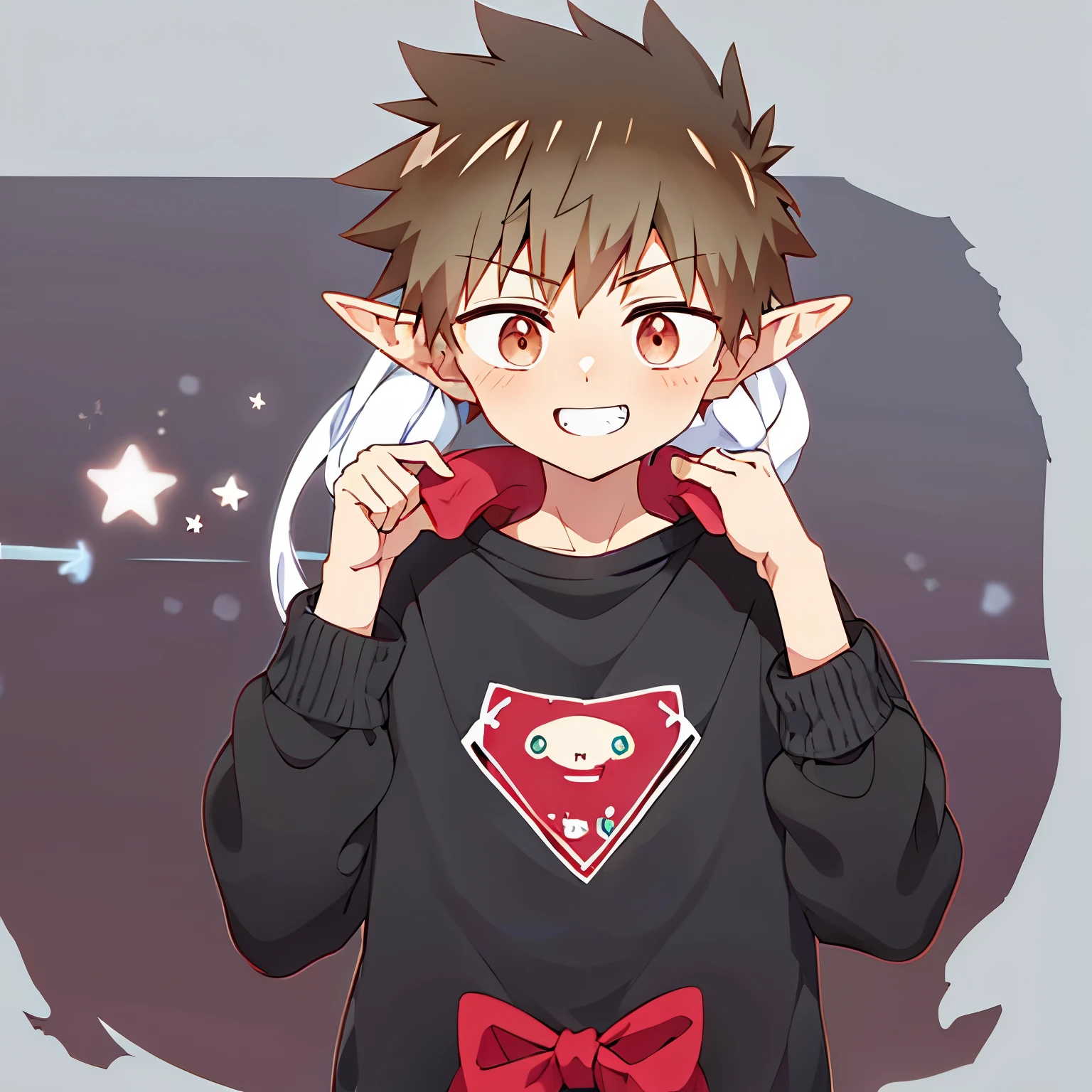 Anime character, kawaii style, male, elf, black hair, dark brown eyes, sweet smile, wearing black sweatshirt jacket, just face and chest. White background, 1080 x 1080 resolution.