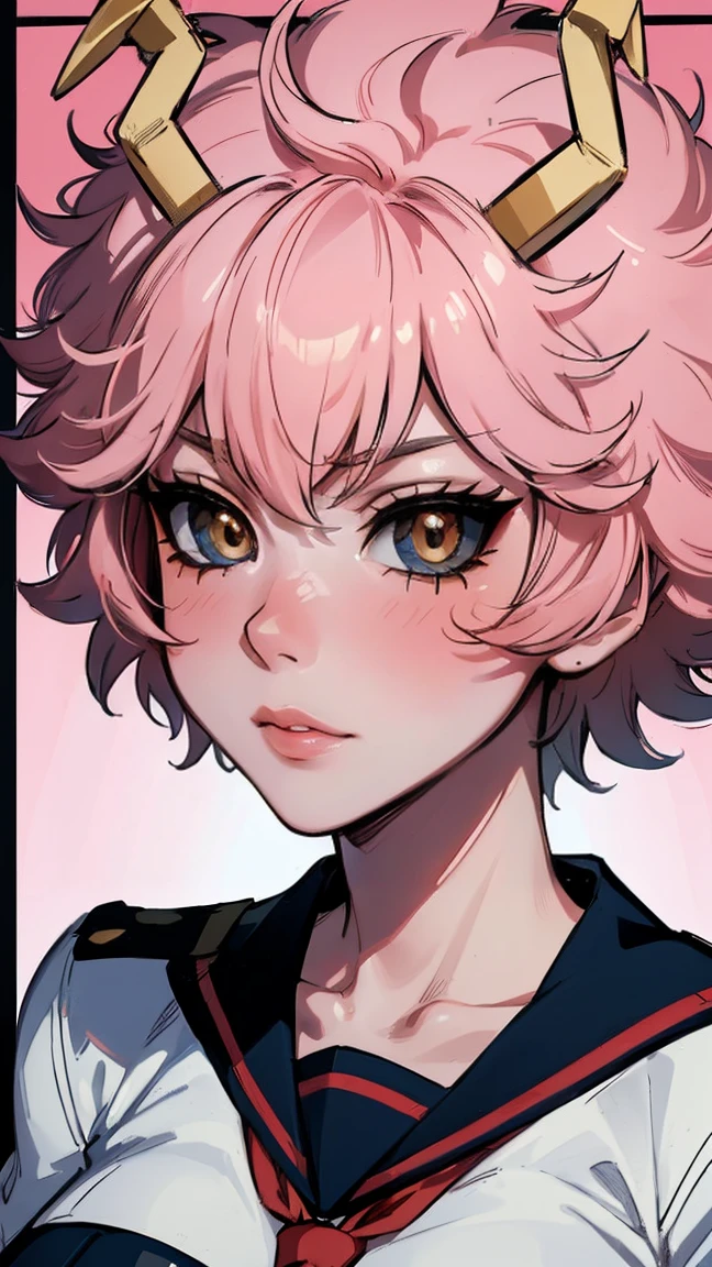 (best quality:1.3), (4k quality), 1 mature woman, Mina Ashido by boku no hero, school uniform, ((Detailed face)), (blush),