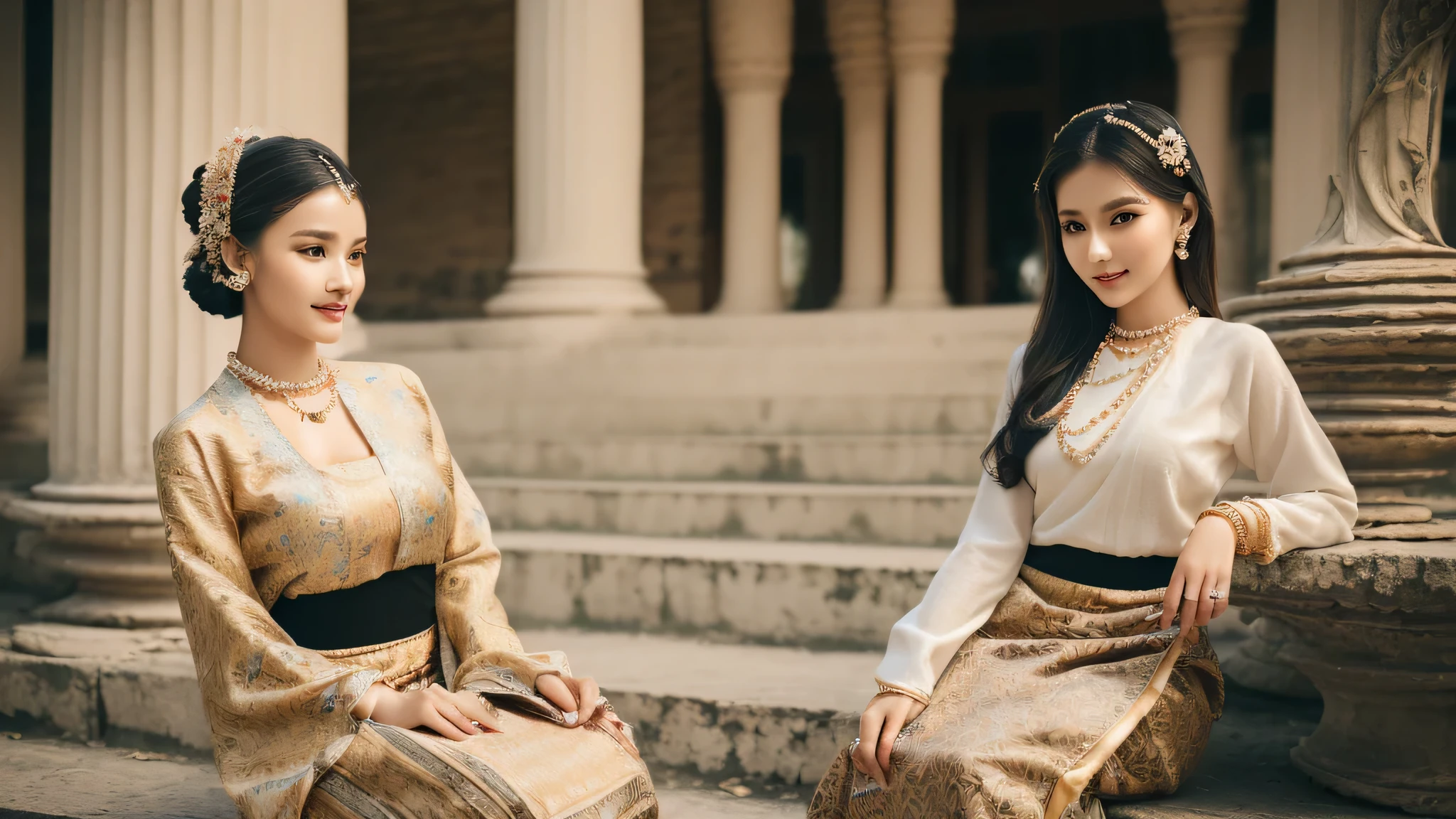 (best quality,4k,8k,highres,masterpiece:1.2),ultra-detailed,(realistic,photorealistic,photo-realistic:1.37), one stunning Burmese patterned traditional dress lady, MMTD BURMESE PATTERNED TRADITIONAL DRESS WEAR BEAUTIFUL queen,WEAR PEARL NECKLACES AND GOLD BRACELETS,FULL BODY DETAILS BEAUTY, beautifully adorned,eye-catching brocade patterns,rich and vibrant colors,detailed embroidery work,exquisite textures,meticulously handcrafted dress,vividly captures the essence of Burmese culture,traditional floral motifs,graceful silhouette,fine folds and pleats,accentuates the lady's elegance,black single bun hair with flower,intricately arranged hairpiece,delicate and feminine,adds a touch of sophistication,soft yet confident expression,deep and captivating eyes,lustrous lips with a hint of a smile,flawless complexion,golden accessories,polished and refined,mesmerizing presence,subtle lighting,dramatic shadows,showcases the lady's grace and beauty,immersive visual experience, full body photoshoot, perfect body, perfect hands, big bust.