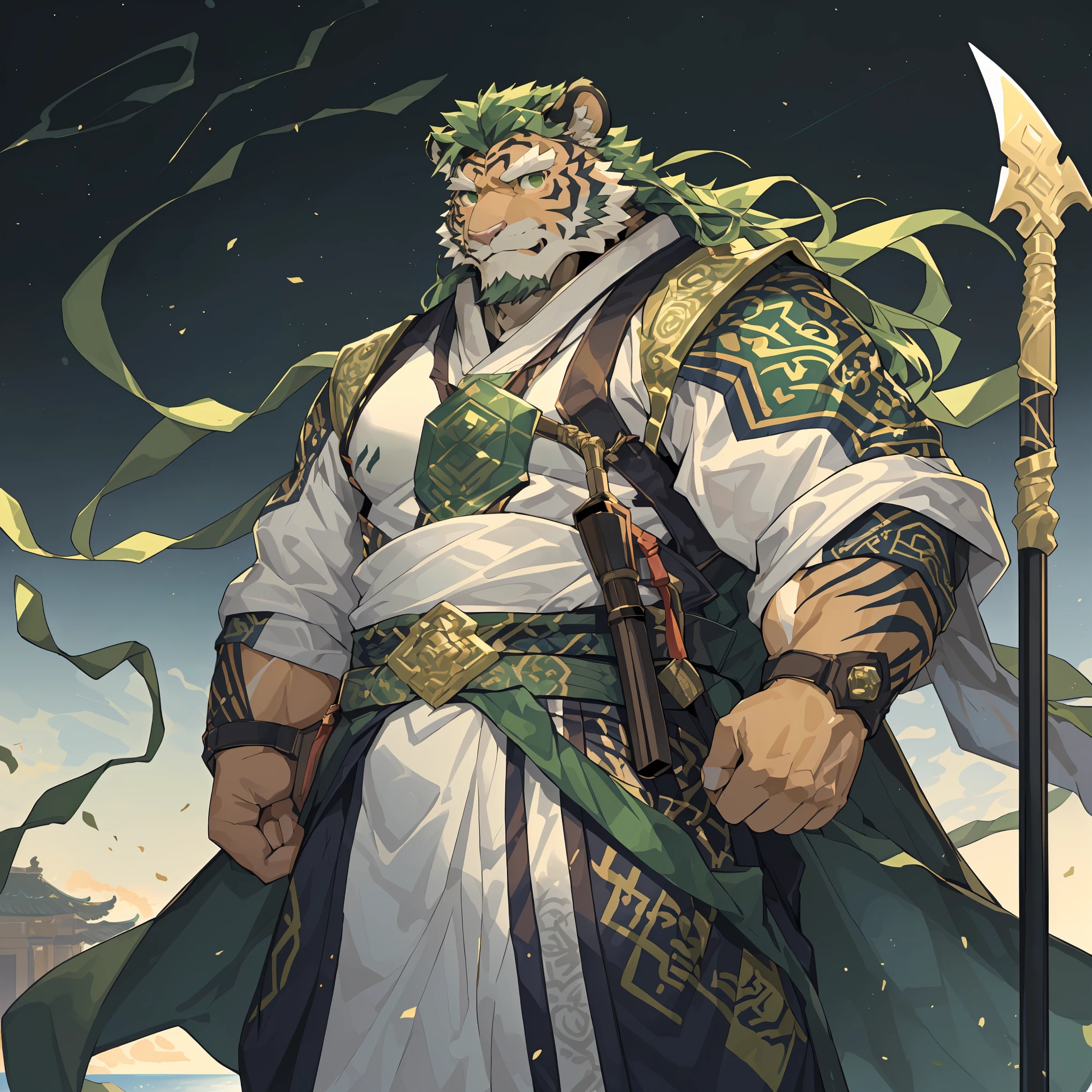 (淡翠色tiger),(翠绿色森林绿general古代战袍),Holding a spear,Powerful posture,Standing confidently and proudly,(The background is an endless sea:1.2),abdominal muscles,heroic posture飒爽,完美的masterpiece,Various facial details,distance perspective,specific description,masterpiece,cg,(Pale green eyes),Light green pattern,Light green tail,general,heroic posture,tiger,Emerald fur,Concrete facial details,Half body,(翠绿general战履),(Chang Ling),((middle aged)),(face focus),(16k),HD,Green and white belly,temple,beard,(Face lines),Different pupils,(Emerald green ancient war robe),(green hair),Strong,muscle,(high resolution:1.3),Weeds underfoot