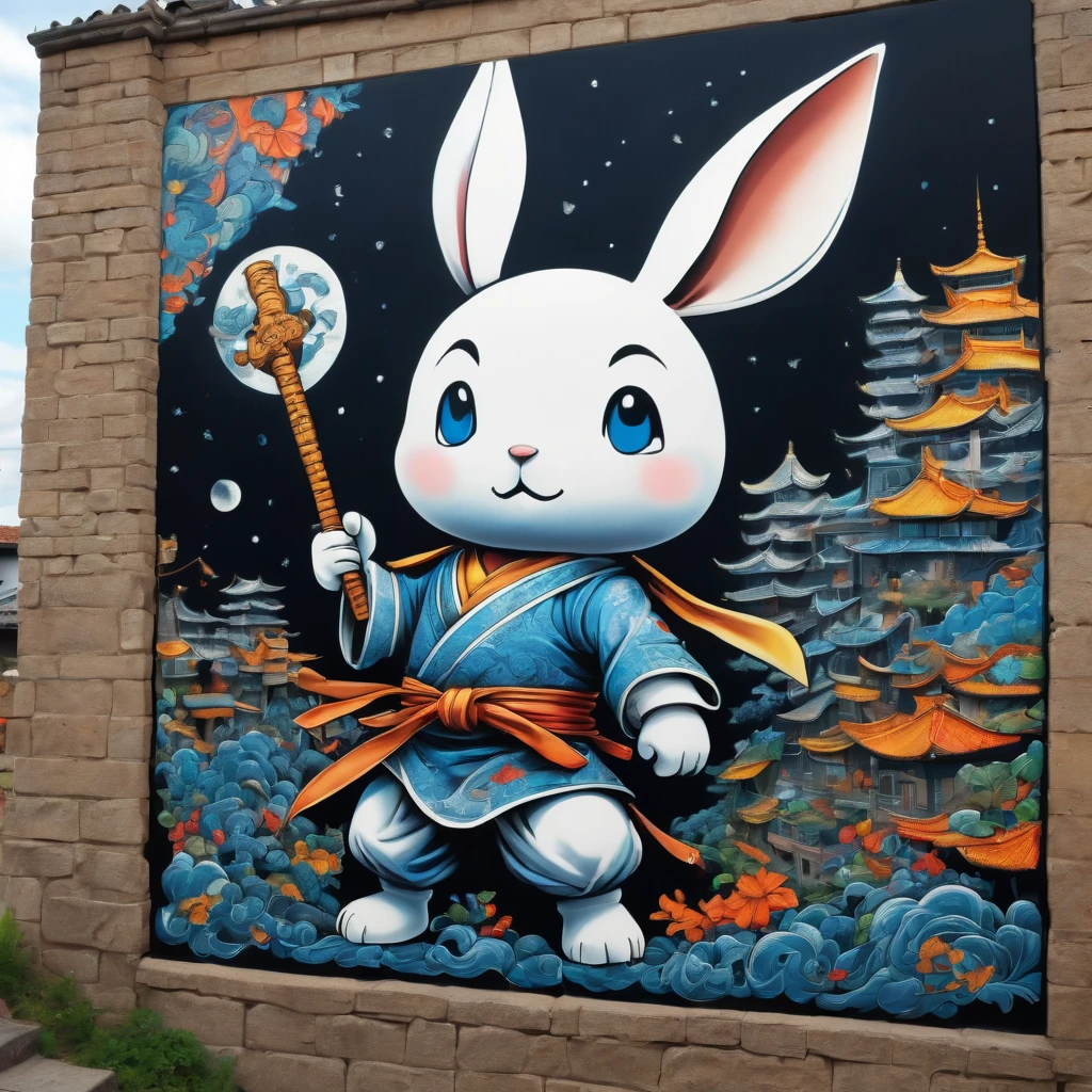 (masterpiece, best quality), magical Usagi Yojimbo Graffiti Comics on wall, ultra detail Graffiti background, wide shot, magical details, aerial view,