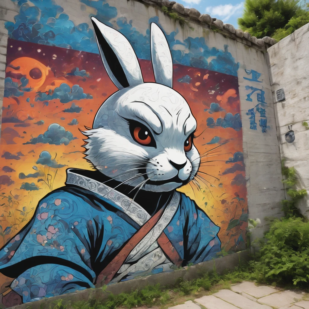 (masterpiece, best quality), magical Usagi Yojimbo Graffiti Comics on wall, ultra detail Graffiti background, wide shot, magical details, aerial view,