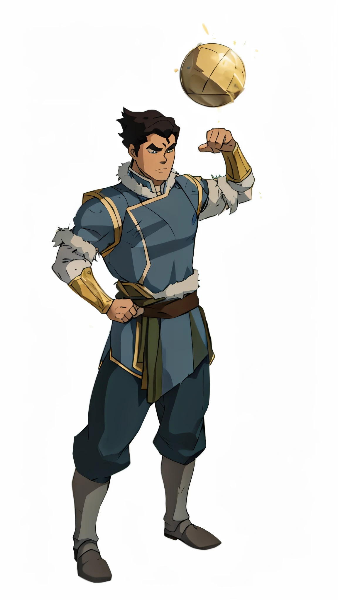 Bolin, traditional water tribe armor, blue armor, long sleeve, fur around the collars and shoulders 