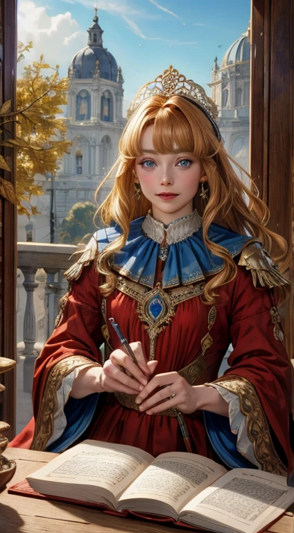 (Obra maestra: 1.2, Mejor calidad), Realista, (Realista picture, detalles complejos, Profundidad de campo), Mejor calidad, Obra maestra, muy detallado, Medio realista, 1 chica, Stellar Blade, , 21 years, con el pelo corto y dorado, The left eye is covered with hair., Blue eyes, la ropa del rey, capa roja, figura delgada, Una corona hecha de oro precioso., Leer y marcar documentos., quill, escritorio de oficina, Banco blando,04