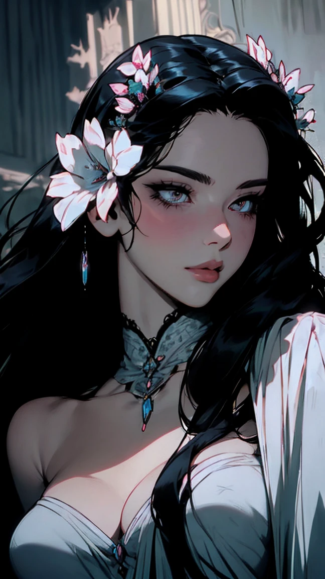 hyper-realistic  of a mysterious woman with flowing black hair, piercing opal eyes, and a delicate floral crown, delicate smile,  upper body