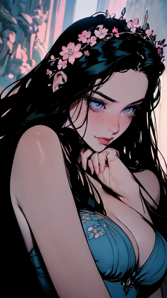 hyper-realistic  of a mysterious woman with flowing black hair, piercing opal eyes, and a delicate floral crown, delicate smile,  upper body