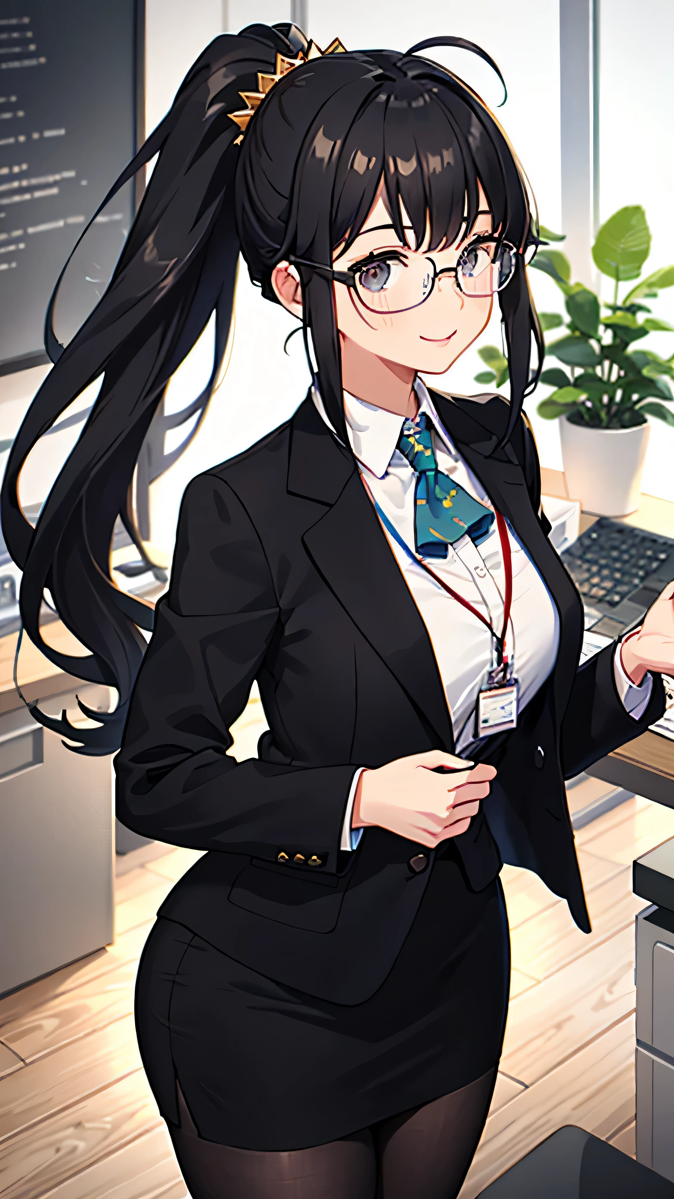 SLE, mksks style, detailed background SLE, mksks style, detailed background, solo, 1girl, aged up, mature female, nakano itsuki, star hair ornament, long hair, red hair, ahoge, bangs, hair amazing eyes, ponytail, green eyes, big breasts, Office girl,black glasses, half-rimmed glasses, under-rimmed glasses, black suit jacket, jacket with collar, white dress shirt, collared shirt, buttons, lanyard, ID card, black pencil skirt, black pantyhose, smile, blush, looking at the audience, office, desk, computer, indoor, black shinny hair, big boob, big ass