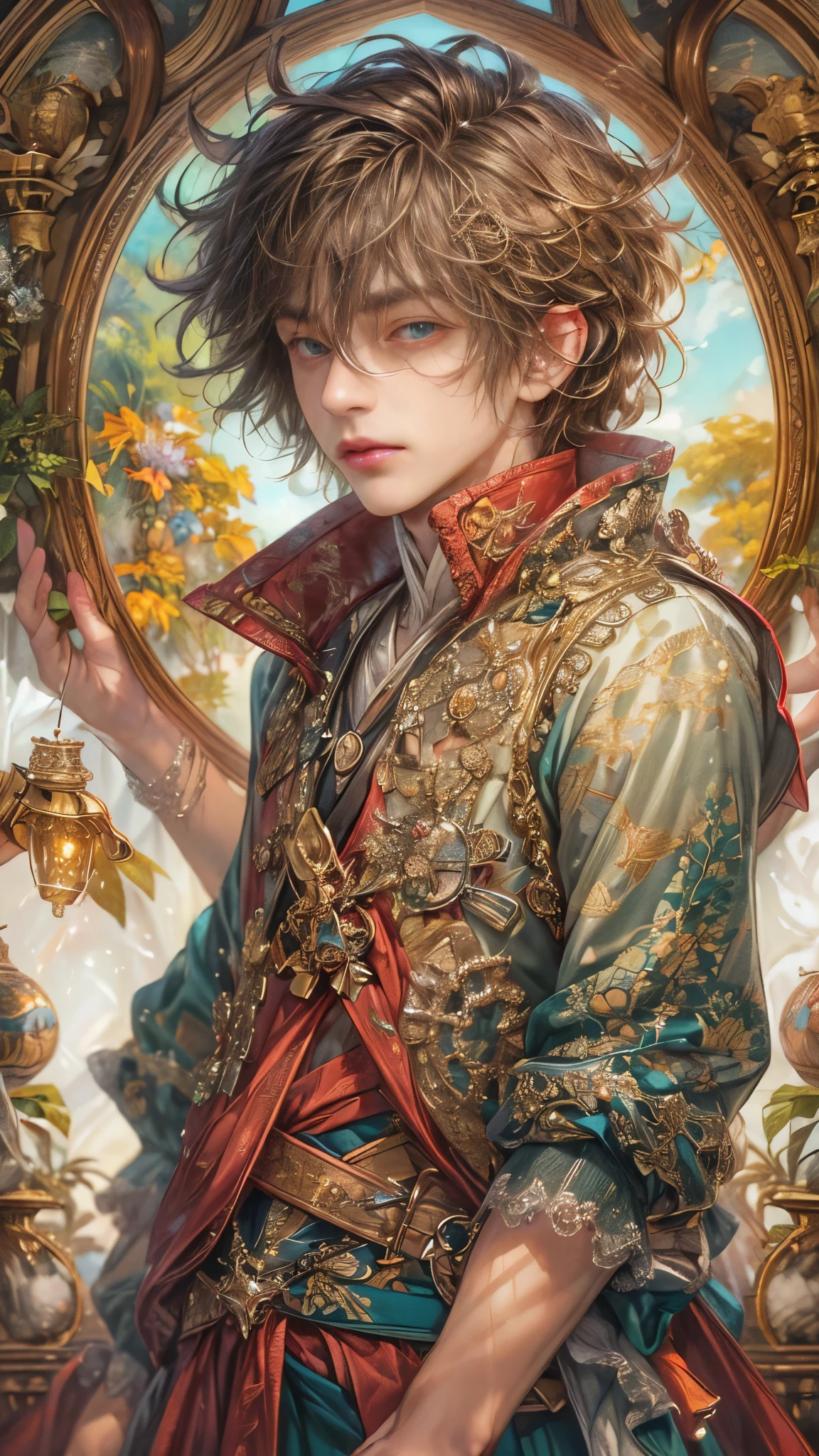 (absurdres, highres, ultra detailed, HDR), masterpiece, Intricate details,best quality close-up picture of a character from Grimm's Fairy Tales, handsome adult boy in tim burton style, anime eyes, Hero Outfit, in a legend of mana style of interior home design, detailed interiors, detailed character, art kenouji