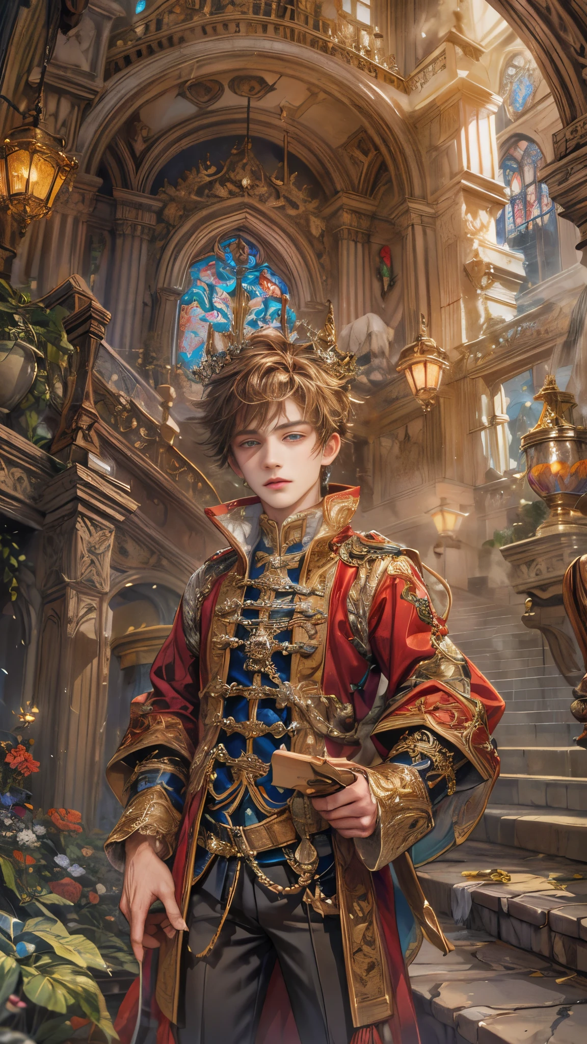 (absurdres, highres, ultra detailed, HDR), masterpiece, Intricate details,best quality close-up picture of a character from Grimm's Fairy Tales, handsome adult boy in tim burton style, anime eyes, Hero Outfit, in a legend of mana style of interior home design, detailed interiors, detailed character, art kenouji