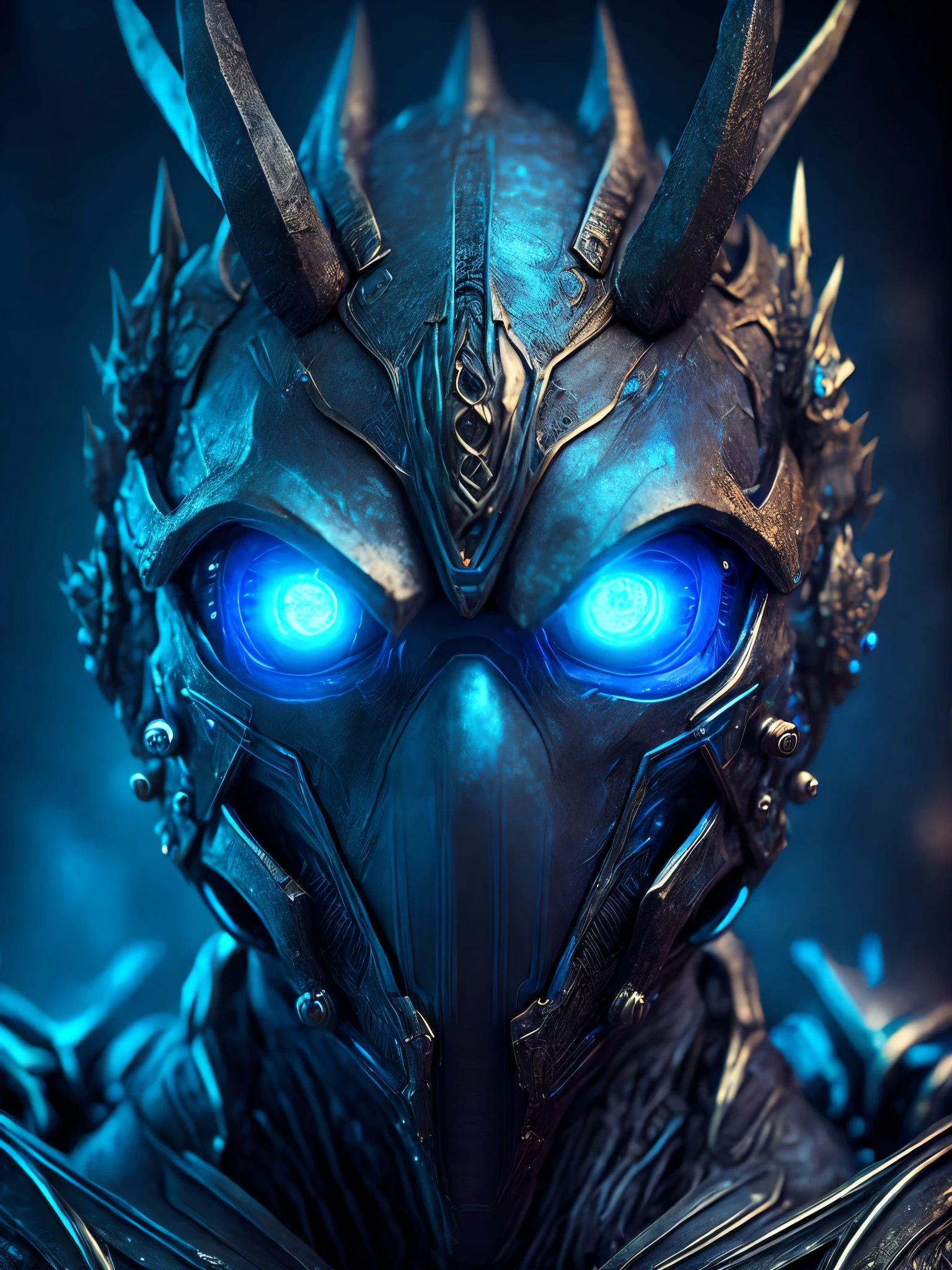 breathtaking cinematic science fiction photo of a Grim, metal skin, body full of dirty leather and glowing metrics inside, glowing blue eyes, multifaceted eyes, metallic arms, pointy sharp fingers, extremely menacing creature, highly detailed, award-winning