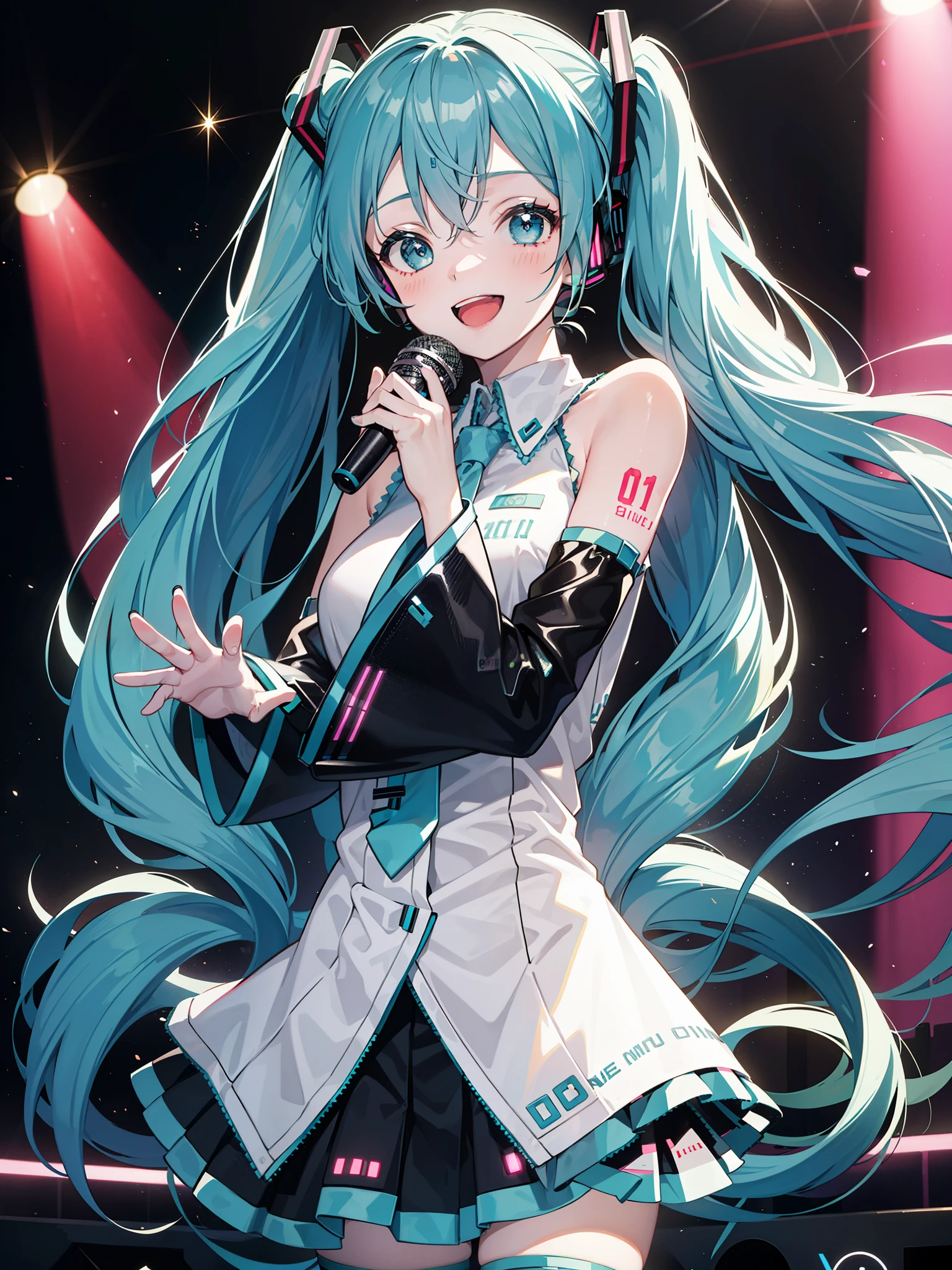 1girl, Hatsune Miku, stage, big smile, microphone