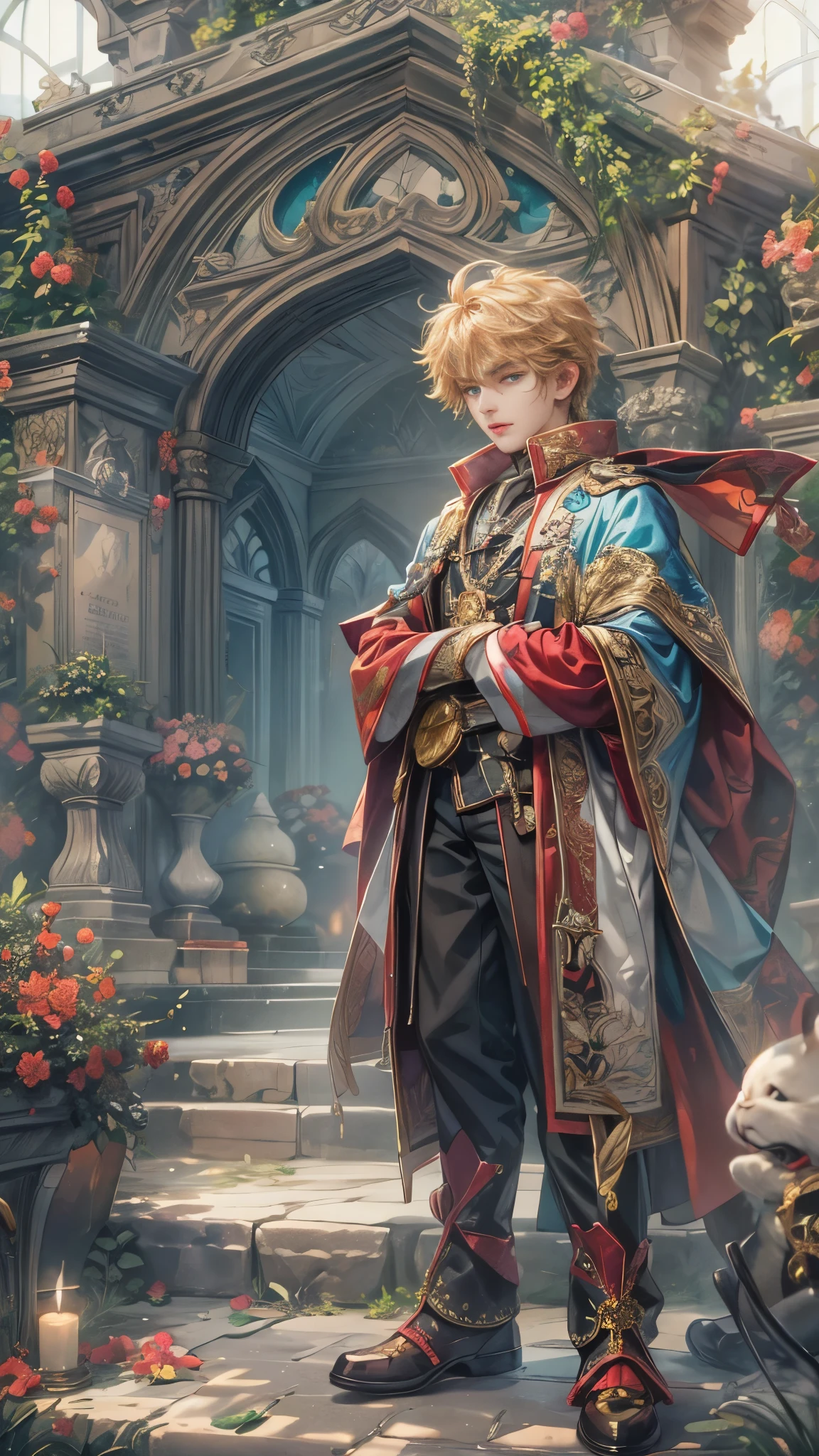 absurdres, highres, ultra detailed, HDR), masterpiece, Intricate details,best quality close-up picture of a character from Tales of the rays, handsome adult boy in tim burton style, anime eyes, Hero Outfit, in a legend of mana style of interior home design, detailed interiors, cemetery scenery, detailed character, art kenouji