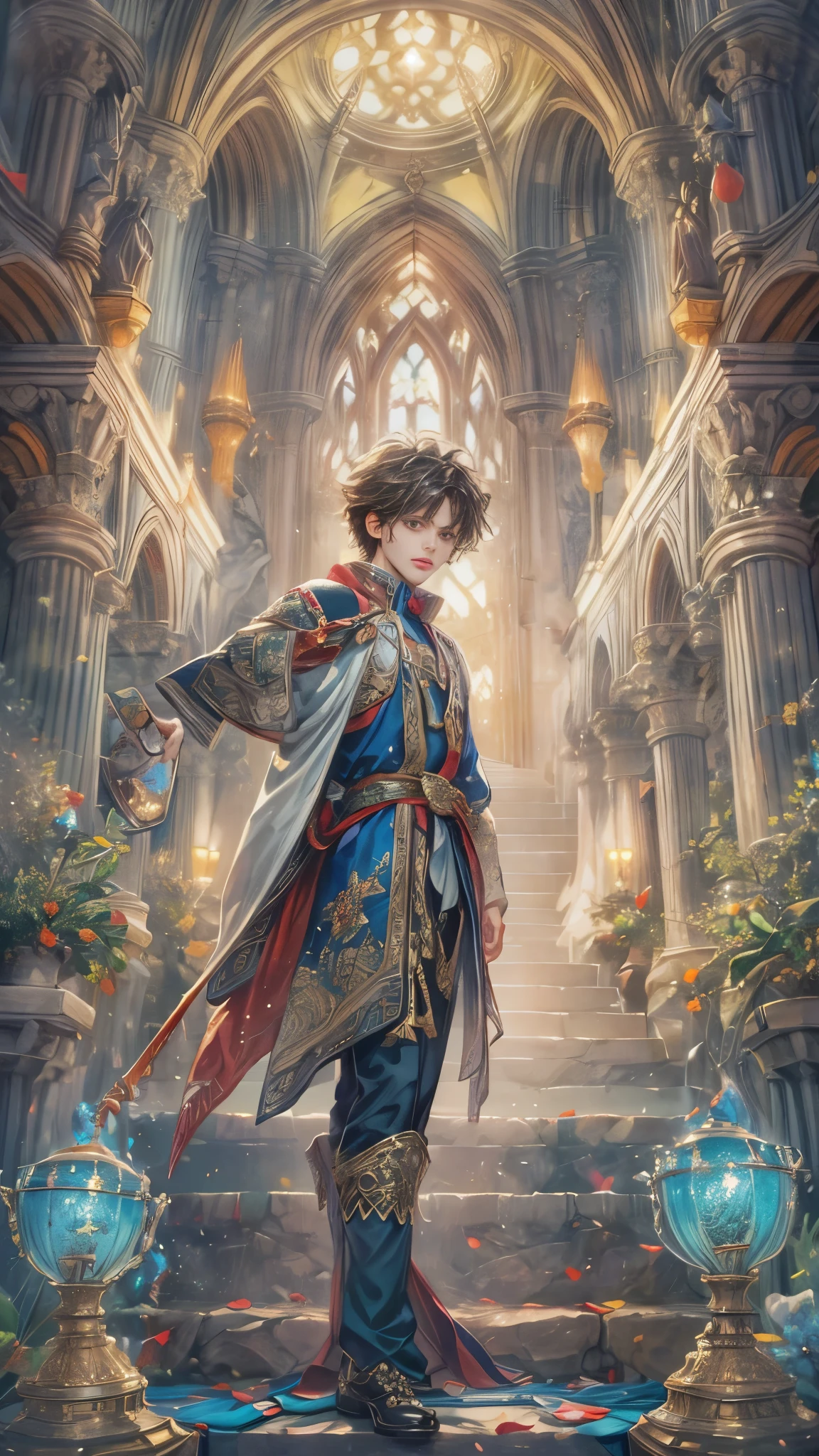 absurdres, highres, ultra detailed, HDR), masterpiece, Intricate details,best quality close-up picture of a character from Tales of the rays, handsome adult boy in tim burton style, anime eyes, Hero Outfit, in a legend of mana style of interior home design, detailed interiors, cemetery scenery, detailed character, art kenouji