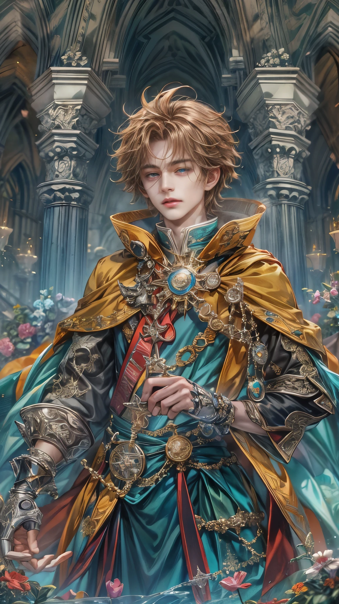 ((absurdres, highres, ultra detailed), 1 boy , front view, young boy, handsome boy villain character from sugar sugar rune, detailed hair with detailed headgear ornaments, detailed short hair, anime eyes, detailed mage clothes with brown cape with little purple details showing,finely detailed eyes red details showing and detailed face, smirk, dimples, extremely detailed CG unity 8k wallpaper, blue details on side, intricate details yellow details on left, portrait, ruin of pink roses, market theme, eyes on viewer, detailed houses town scenery background
