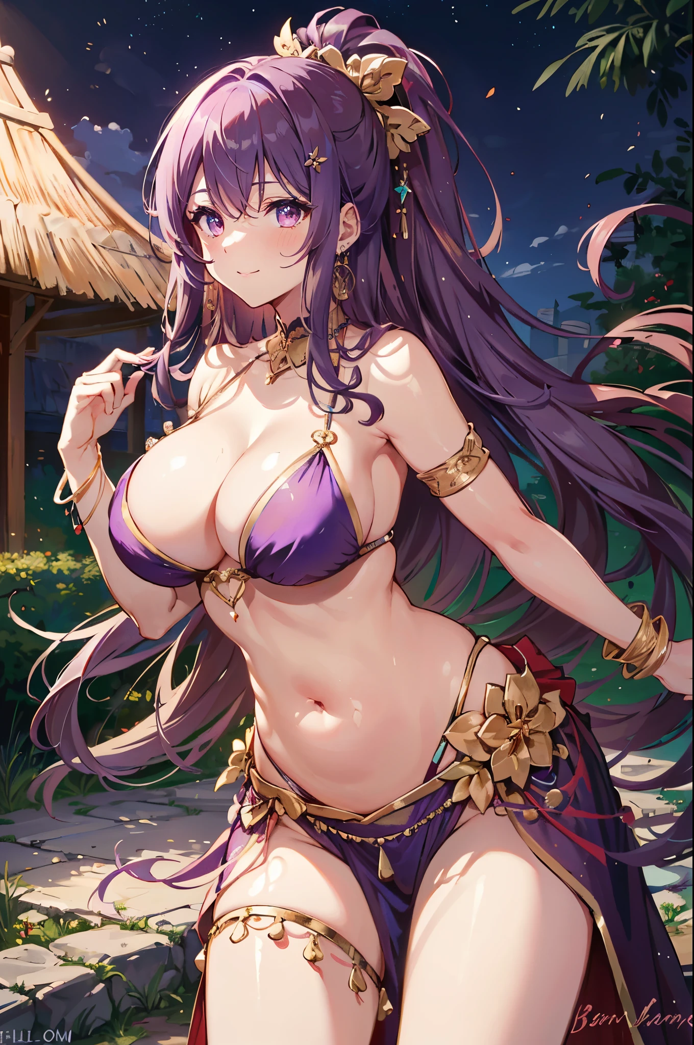 high quality, ultra detailed, best quality, insanely detailed, beautiful, masterpiece, 1girl, garden, medieval Europe, cowboy shot, red eyes, long hair, light purple hair, (belly dancer, harem outfit, pelvic curtain:1.2), purple costume, bare legs, circlet, earrings, armlets, bracelets, bashful smile, dancing, large breasts, cleavage, soft stomach