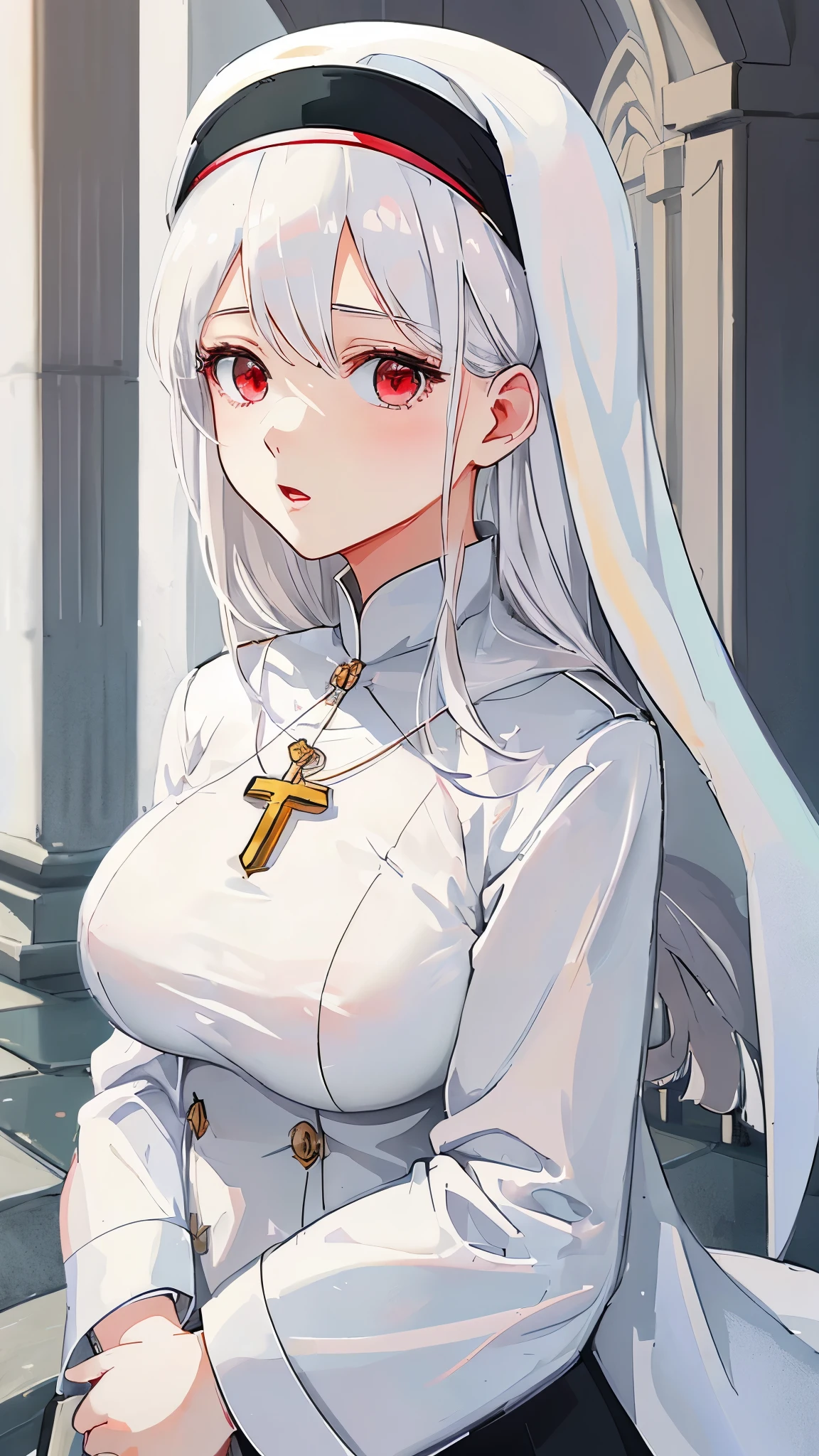 White hair, French baret, nun, exposed breasts, medium sized breast, 19 years old, prays, cross necklace, close portrait, cute anime girl, red eyes, white angel wings, praying