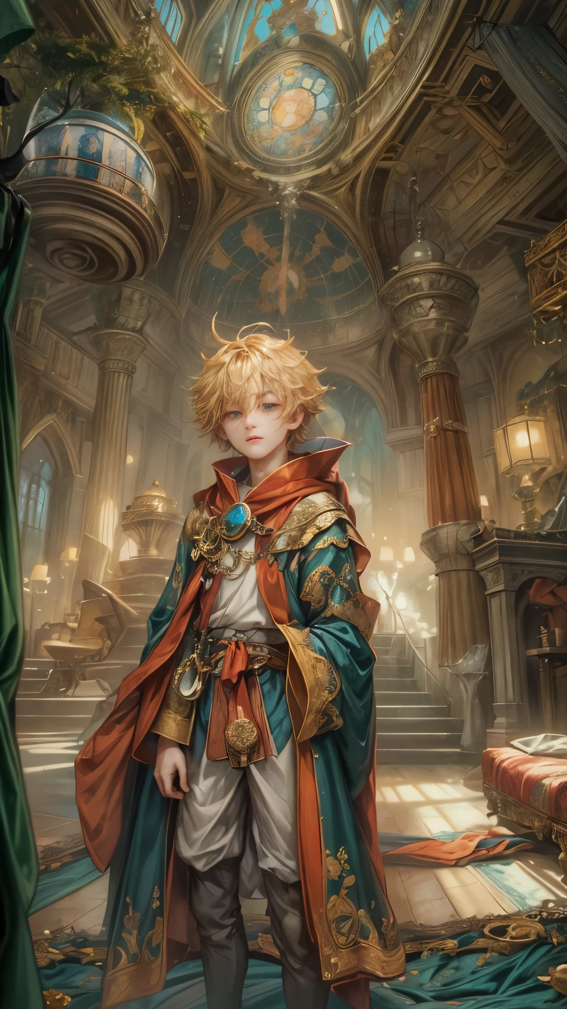 (absurdres, highres, ultra detailed, HDR), masterpiece, Intricate details,best quality close-up picture of a character from tear ring saga, handsome adult boy in tim burton style, anime eyes, Hero Outfit, in a legend of mana style of interior home design, detailed interiors, detailed character, art kenouji