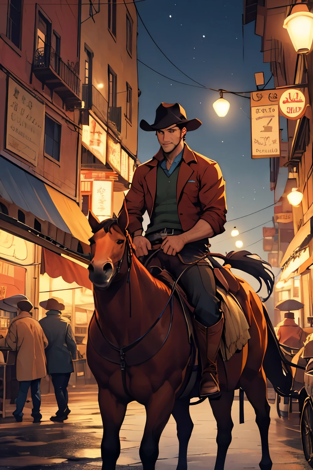 draw a man sitting on horse in vintage city in night
