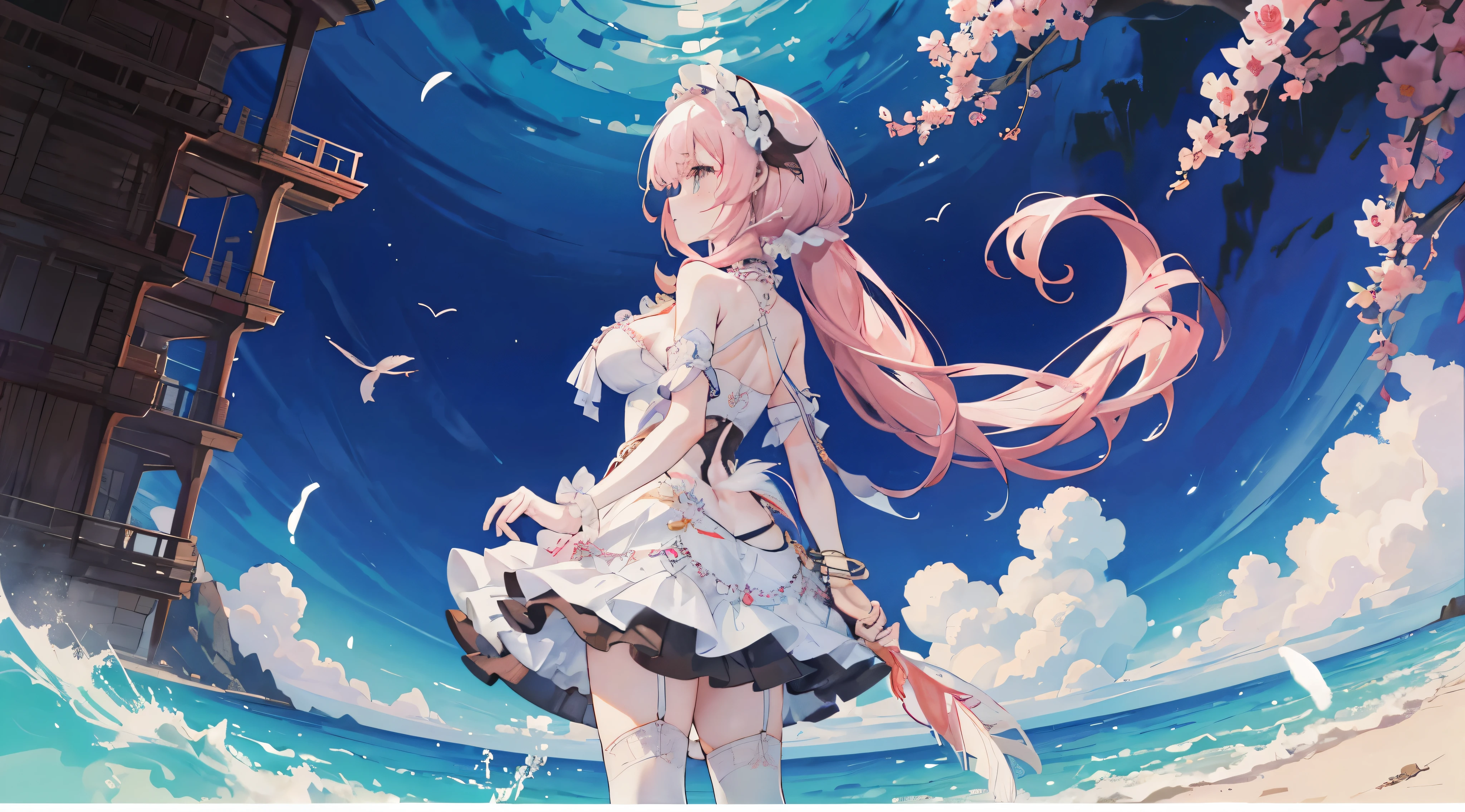 ((masterpiece:1.4,best quality))+,(Super detailed)+,(super detailed eyes)+,(Fish ears:1.5),(cute girls),15 years old,(amber eyes:1.15),Long pale pink hair,curls,thick hair,red headband(changes through:1.2),Pale complexion,blush and smile,blood stains(她穿着的白色异域dance服装,Lilac pattern,Lots of fluff:1.5),(cyan feather hair accessories:1.4)Chain bracelet,pearl necklace,black earring ballad,coral reef,Menghua,gemstone jewelry,sea of clouds and coral,huge white ribbon,Conch headdress,black veil,Shell decoration,Fishbone decoration,With your back to everyone,take off shoulders
(Fishtail:1.1),
(Dawn light:1.2),
(Thick black and white:1.16),White lace garter stockings,(depth of field:1.4)intricate details,blended colors,Detailed route,Excellent,Super details,The content is very detailed,(high contrast:1.11),wind,Amazing cleavage,beautiful eyes,messy hair,(best illuminate,extremely delicate and beautiful), ((light)), (View from the side:1.3),8k,masterpiece,best quality,movie stills,1 plump girl,(Close-up cleavage:1.1),bright,happiness,interesting,soft light,(Bauhaus,shape,line engineering,Abstract:1.1)official art, Unity 8k桌布, super detailed, Beautiful and beautiful, masterpiece, best quality, (dynamic angle:1.4),浪漫 depth of field 异调_dance,PerfectNwsjMajic,(masterpiece,top quality,best quality,official art,Beauty and Aesthetics:1.2),The content is very detailed,rich and colorful,highest detail,