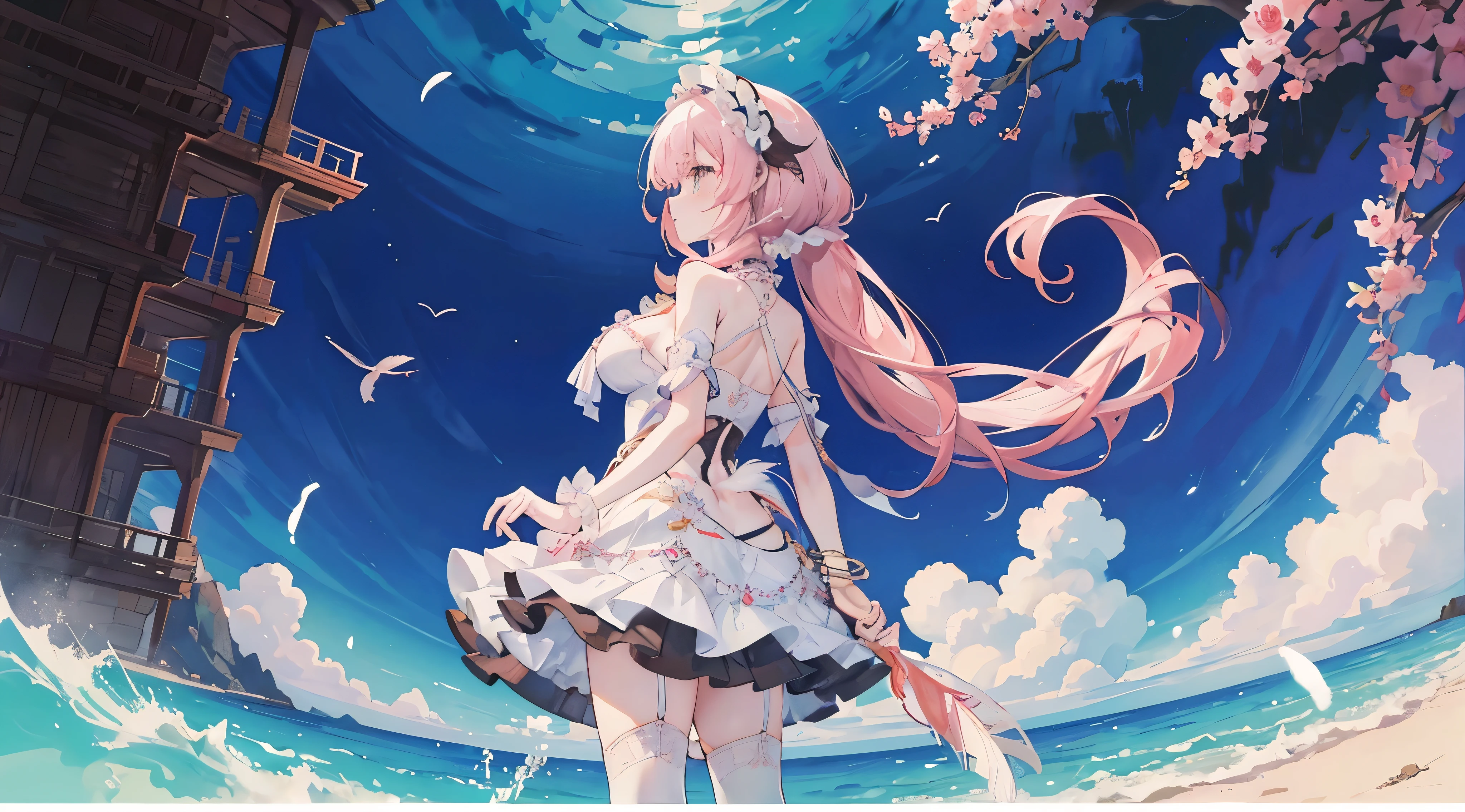 （（masterpiece：1.4，best quality））+，（Ultra-detailed）+，（super detailed eyes）+，（Fish ears：1.5），（cute girls），15 years old，（amber eyes：1.15），Long pale pink hair，curls，Thick hair，red headband（Variza：1.2），Pale complexion，blush and smile，blood stains（The white exotic dance costume she wears，Lilac pattern，Lots of fluff：1.5），（cyan feather hair accessories：1.4）Chain bracelet，pearl necklace，black earring ballad，coral reef，Menghua，gemstone jewelry，sea of clouds and coral，huge white ribbon，Conch headdress，black veil，Shell decoration，Fishbone decoration，Turn your back to everyone，Off the shoulders
（fish tail：1.1），
（Dawn light：1.2），
（Thick black and white：1.16），White lace garter stockings，（depth of field：1.4）intricate details，Mixed colors，Detailed route，Excellent,Super details,The content is very detailed,(high contrast:1.11),Wind,Amazing cleavage,beautiful eyes,messy hair,(best illuminate，extremely delicate and beautiful), ((lighting)), (View from the side:1.3)，8k,masterpiece，best quality，Movie stills，1 plump girl，（Close-up cleavage：1.1），bright，hapiness，interesting，soft light，（Bauhaus，shape，line engineering，Abstract：1.1）official art， Unity 8k桌布， Super detailed， Beautiful and beautiful， masterpiece， best quality， （Dynamic angle：1.4），浪漫 depth of field 异调_Dance，PerfectNwsjMajic，（masterpiece，top quality，best quality，official art，Beauty and Aesthetics：1.2），The content is very detailed，colorful，highest detail，