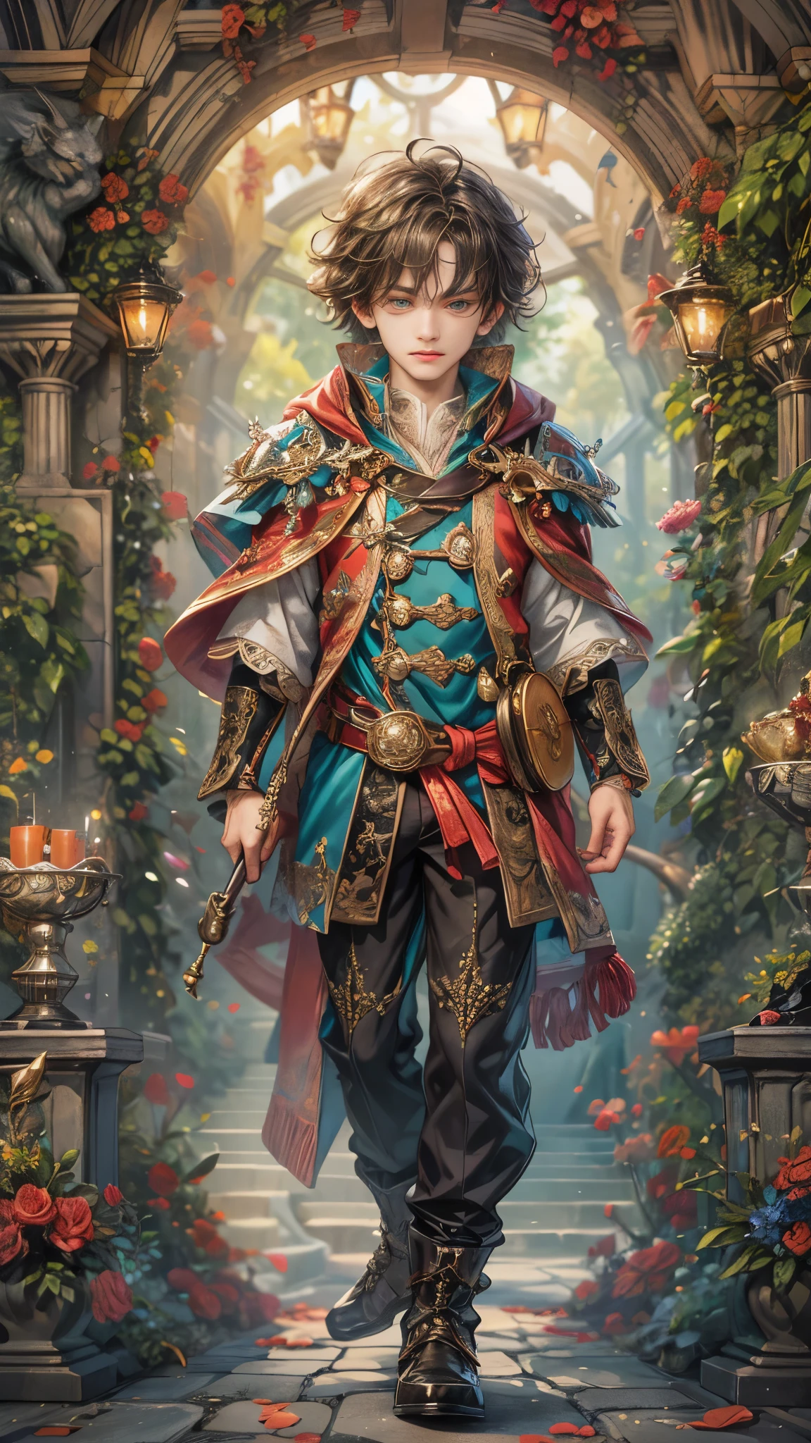 (absurdres, highres, ultra detailed, HDR), masterpiece, Intricate details,best quality close-up picture of a character from Grimm's Fairy Tales, handsome adult boy in tim burton style, anime eyes, Hero Outfit, in a legend of mana style of interior home design, detailed interiors, detailed character, art kenouji