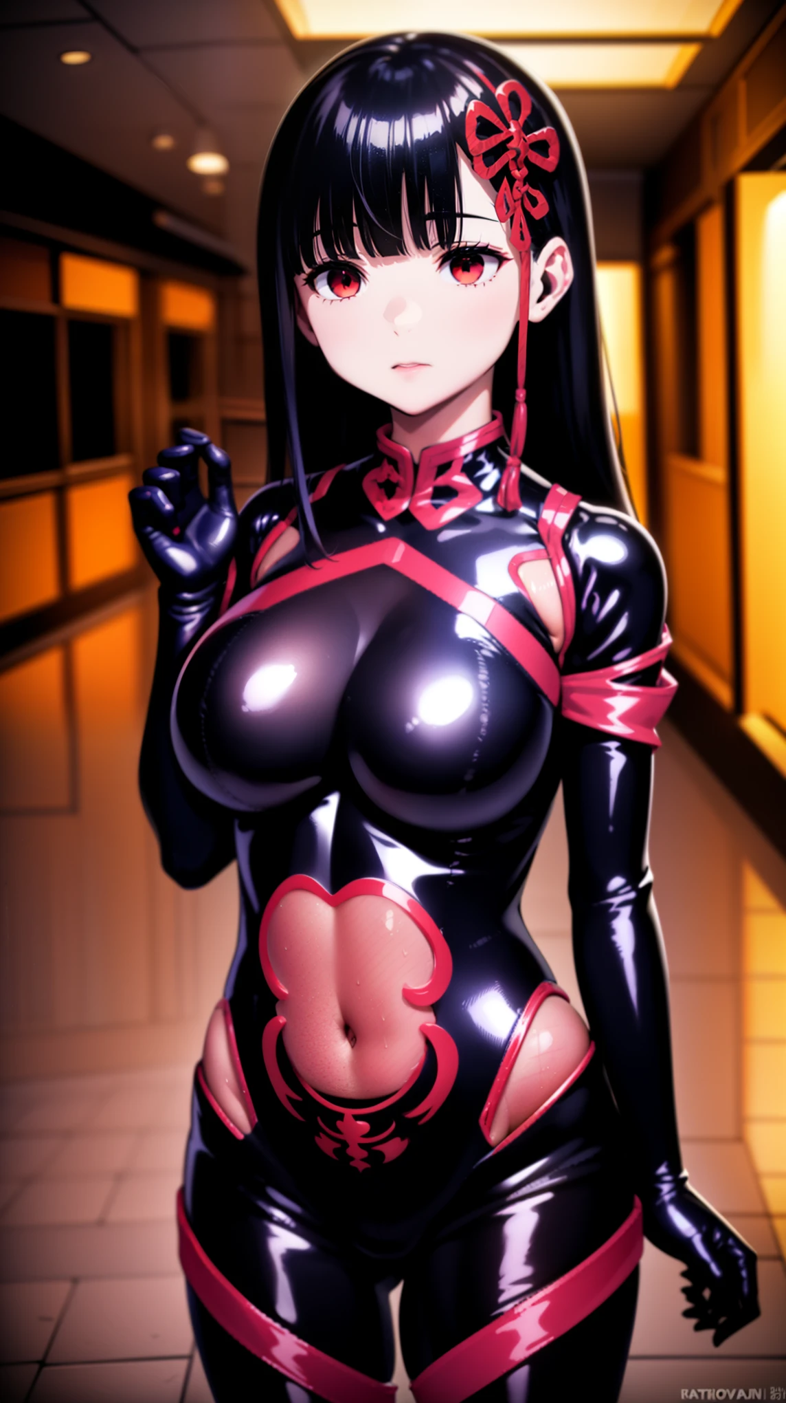 1 girl, NSFW, Yamashiro ren,(Mato Seihei no Slave), yamashiro768, clavicle, glowing red eyes,absurd, brainwashing,empty eyes, huge breasts,erasure of emotions, No expression,(black latex tight bodysuit),look away , 全身figure, ((stand up,salute,)),(highest quality、4k、8k、High resolution、must have:1.2)、Super detailed、(reality、realisticです、realistic:1.37)、ticker、hyper hd、studio lighting、ultra definition paint、sharp focus、Physically based rendering、extreme details、Professional specifications、vibrancy and color、blurry、sports portrait、landscape、horror style、anime big breasts、SF、photograph、concept artist、five fingers, perfect body, {{{masterpiece}}}, {{{highest quality}}}, {{super detailed}}, {figure}, {{very delicate and beautiful}},Promoting cost performance、all roles、Canon 5D MK4でphotograph、photograph,
