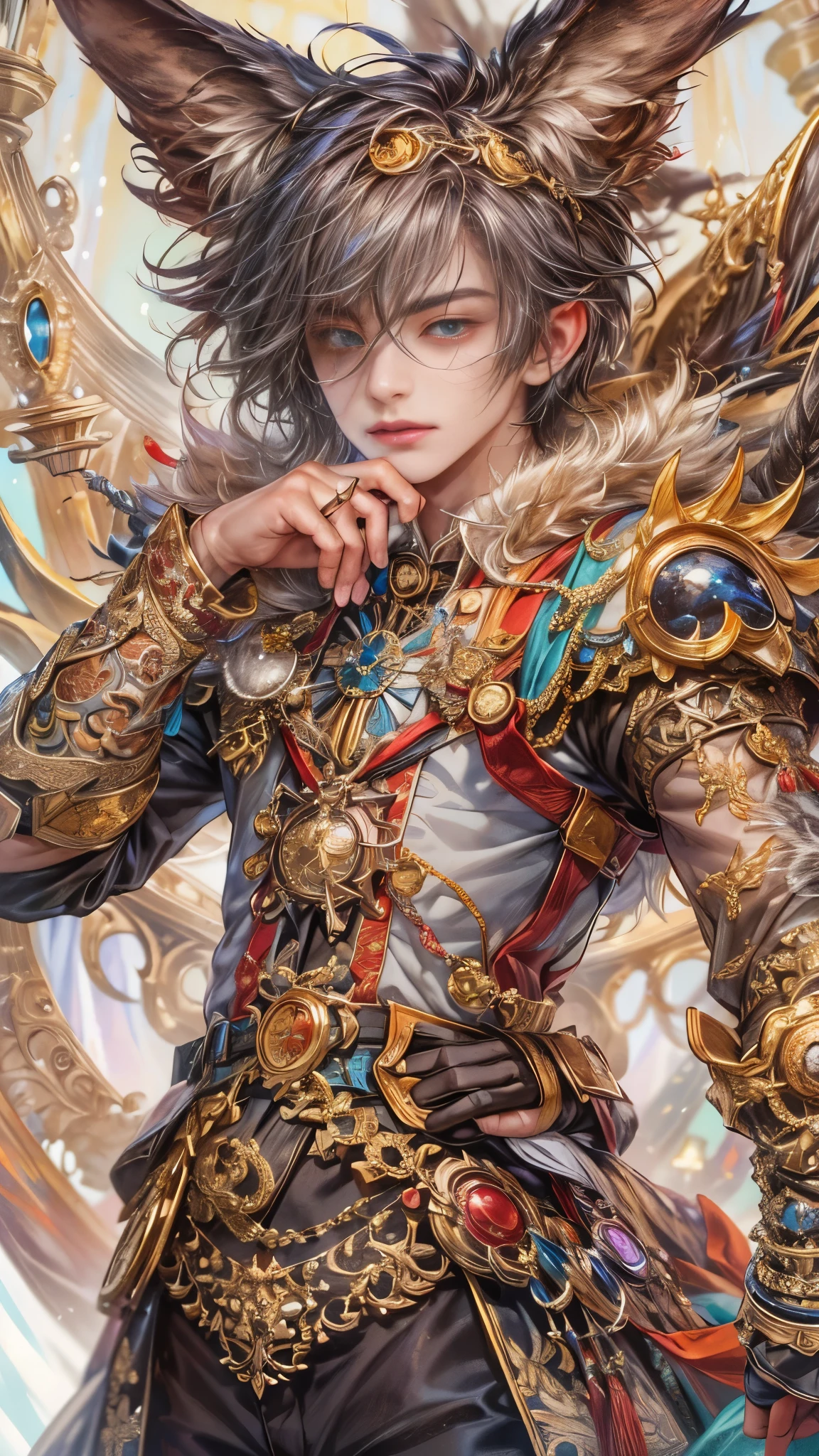 (absurdres, highres, ultra detailed, HDR), masterpiece, Intricate details,best quality close-up picture of a character from Grimm's Fairy Tales, handsome adult boy in tim burton style, anime eyes, Hero Outfit, in a legend of mana style of interior home design, detailed interiors, detailed character, art kenouji