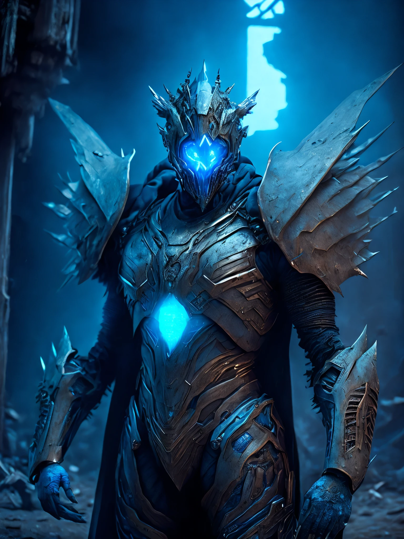 breathtaking cinematic science fiction photo of a full body Grim, metal skin, body full of dirty leather and glowing metrics inside, glowing blue eyes, multifaceted eyes, metallic arms, pointy sharp fingers, inside a destroyed building, extremely menacing creature, highly detailed, award-winning