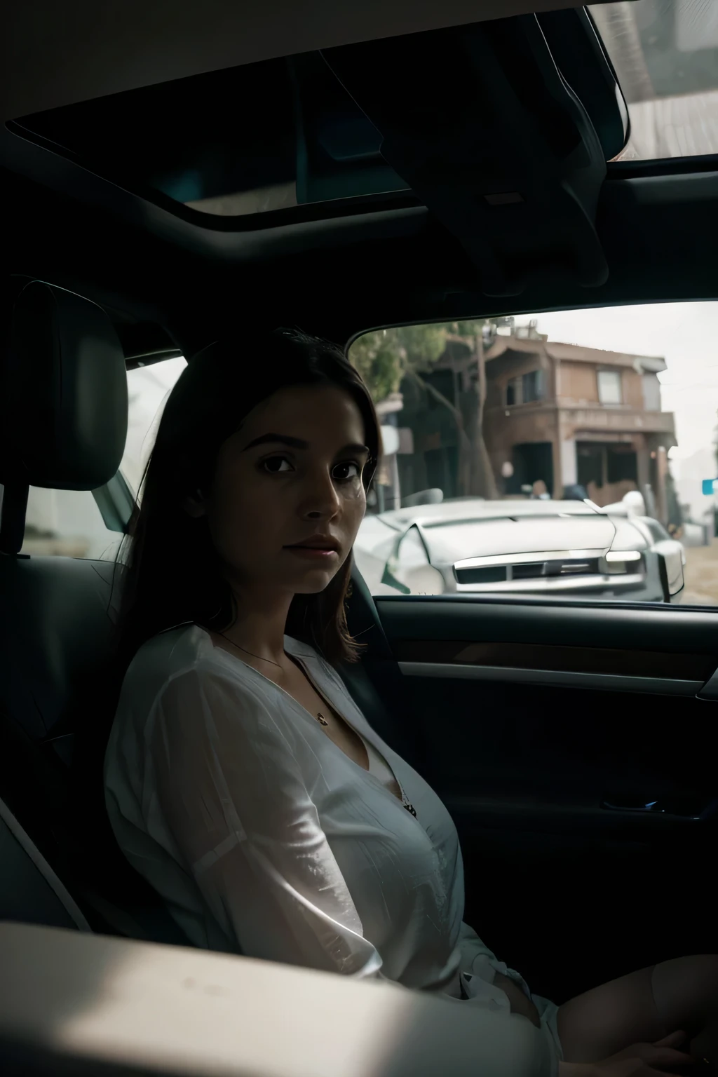 Uma imagem do interior de um carro com o motorista visivelmente tenso olhando pelo retrovisor, while a ghostly silhouette of the woman in white is seen in the backseat.