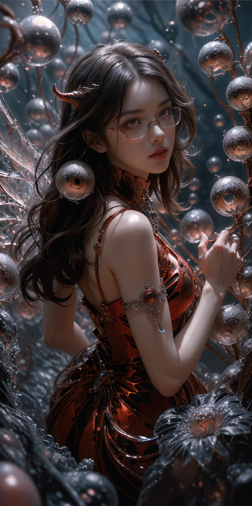 (The best illustrations)、realisitic、ultra-detailliert、The best lighting、Best Shadows、alluring succubus, ethereal beauty, perched on a cloud, (fantasy illustration:1.3), enchanting gaze, captivating pose, delicate wings, otherworldly charm, mystical sky, (Luis Royo:1.2), (Yoshitaka Amano:1.1), Dungeon and Dragon、caves、Dungeon、 A Necromancer、natta、Dark style、Succubus、Devil's Daughter、Bat Wings，(((Demon Hornlack-rimmed round glasses))))、(red eyes glowing:1.6)、​beautiful countenance、Tindall Effect、(High Detail Skins:1.2) absurderes、Ponytail distortion、jewely、Beautiful expression、Toned waist、Wide buttocks、Tindall Effectmasuter piece、top-quality、Highest Standards、Top image quality、masutepiece、intricate detailes、High resolution、Depth Field、natural soft light、profetional lighting、Great smile、(High Detail Skin: 1.2)、photorealistic anime girl render、Strong highlights of the eyes、Perfect Anatomy、crotch open、Shy、Spreading your legs、Panties are visible、Skirt flipping、Body shiny with oilerectile nipple))、8K resolution、intricate clothing、Intricate details