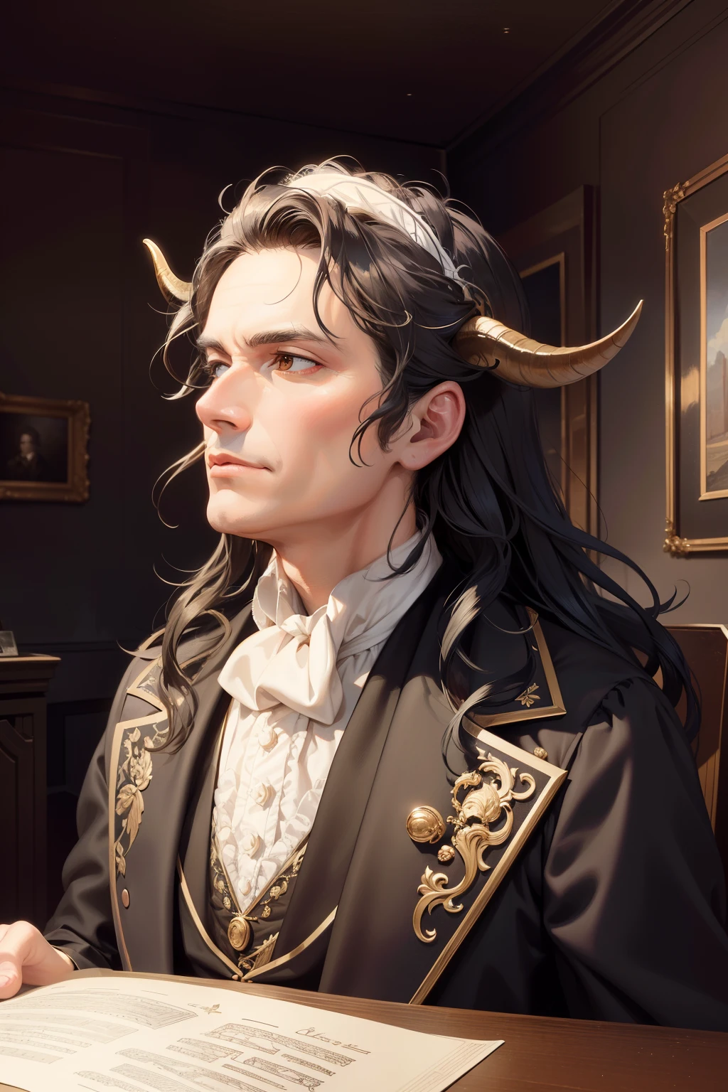 A hyperrealistic portrait of Ludwig van Beethoven, meticulously detailed down to the finest brushstroke, captured in astonishing 8K resolution. This wide-angle masterpiece unveils the legendary composer with the unexpected twist of a goat's face, seamlessly blending the worlds of human and animal. The expertly crafted illustration showcases every fur strand, every horn curve, and every nuanced expression, resulting in a visually immersive experience that transcends reality. Set against the backdrop of a room flooded with perfect lighting, every intricate element of this artwork is brought to life with exceptional clarity and depth, elevating the viewer's perception to new heights.