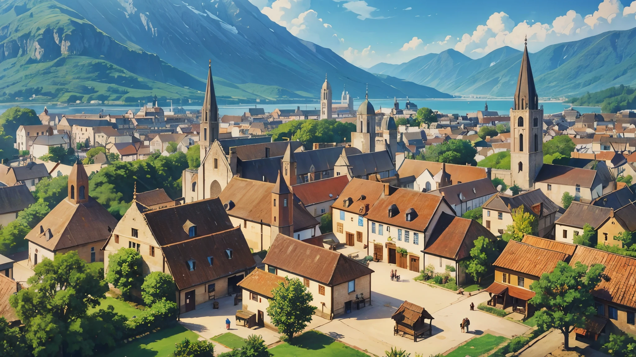 small village, village square, serene atmosphere, high fantasy, central well, market stalls, small population, medieval town, bird's eye