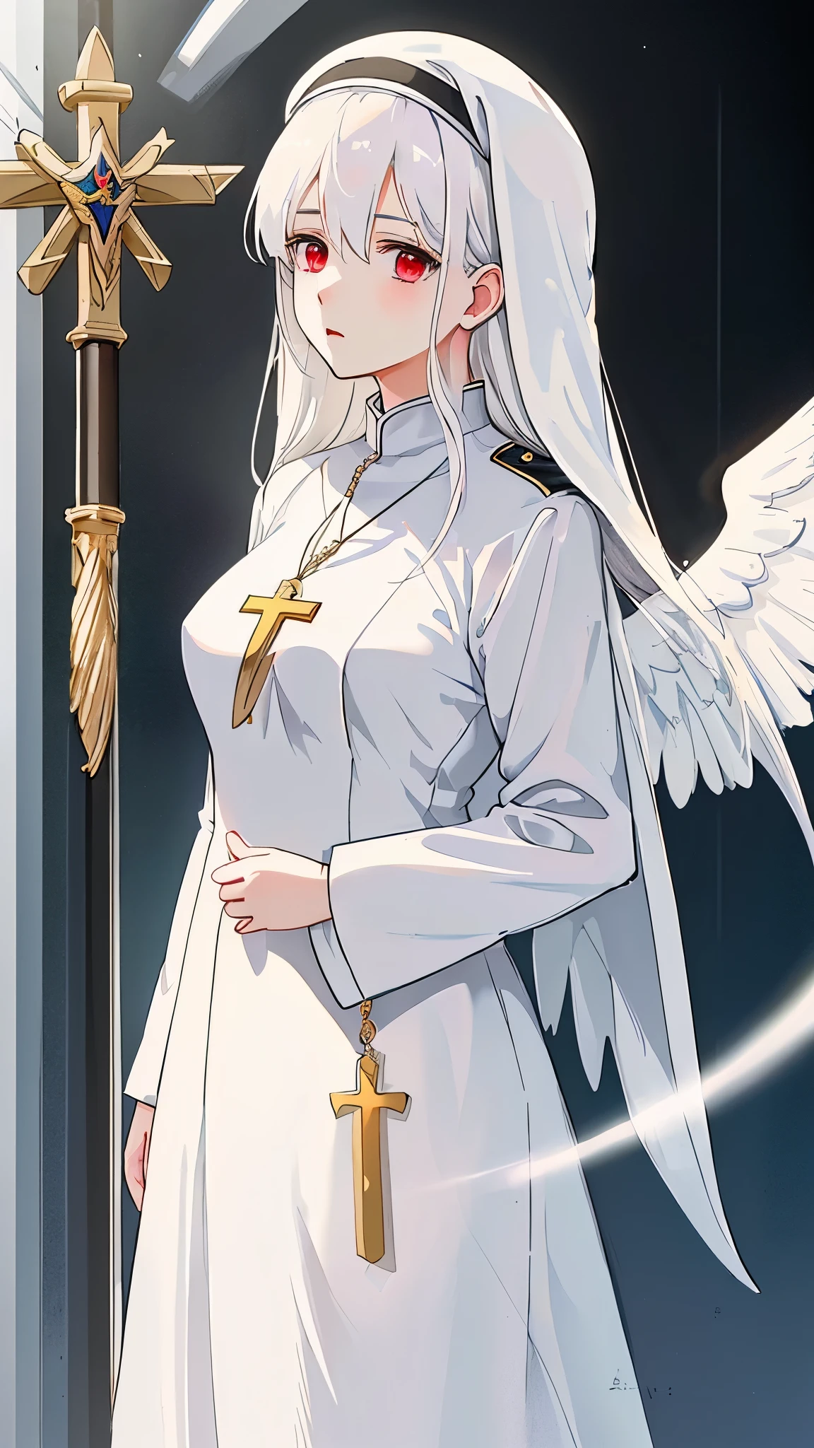 White hair, French baret, nun, exposed breasts, medium sized breast, 19 years old, prays, cross necklace, close portrait, cute anime girl, red eyes, white angel wings, praying, holds Asklepios' Staff golden, 