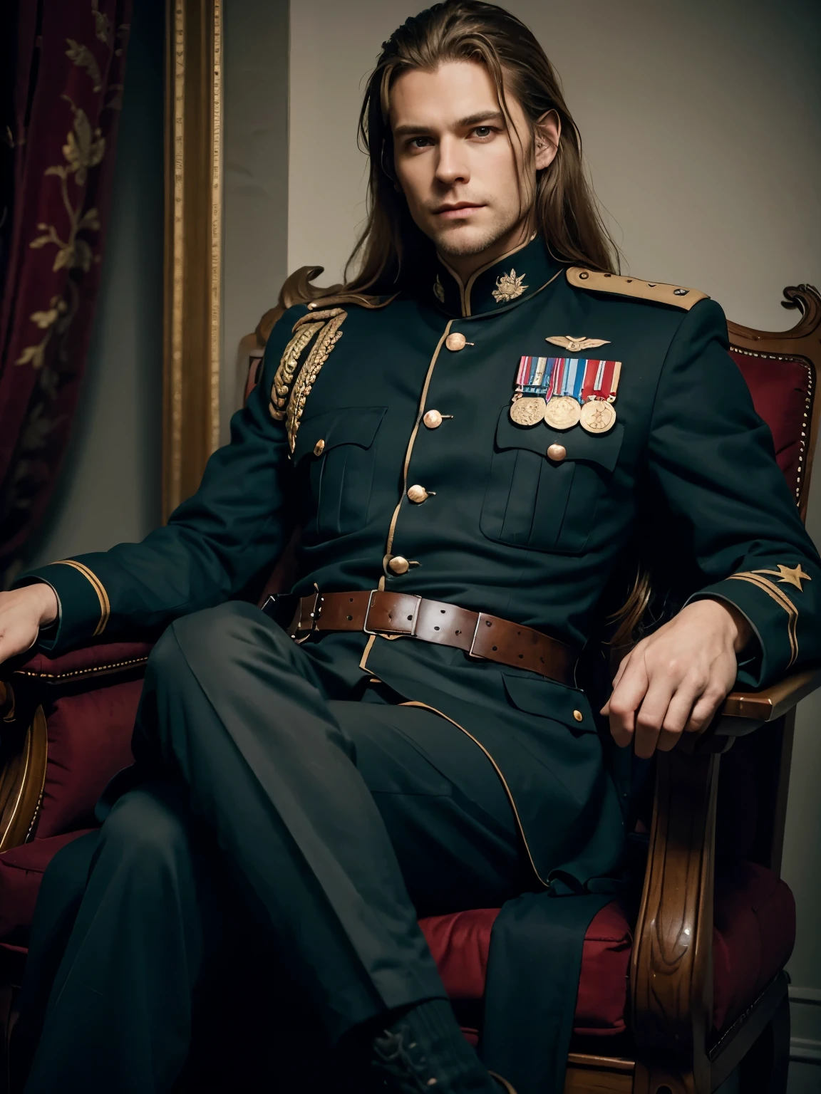 male in armchair, 35 years, nordic, long hair, chin resting, legs crossed, military uniform