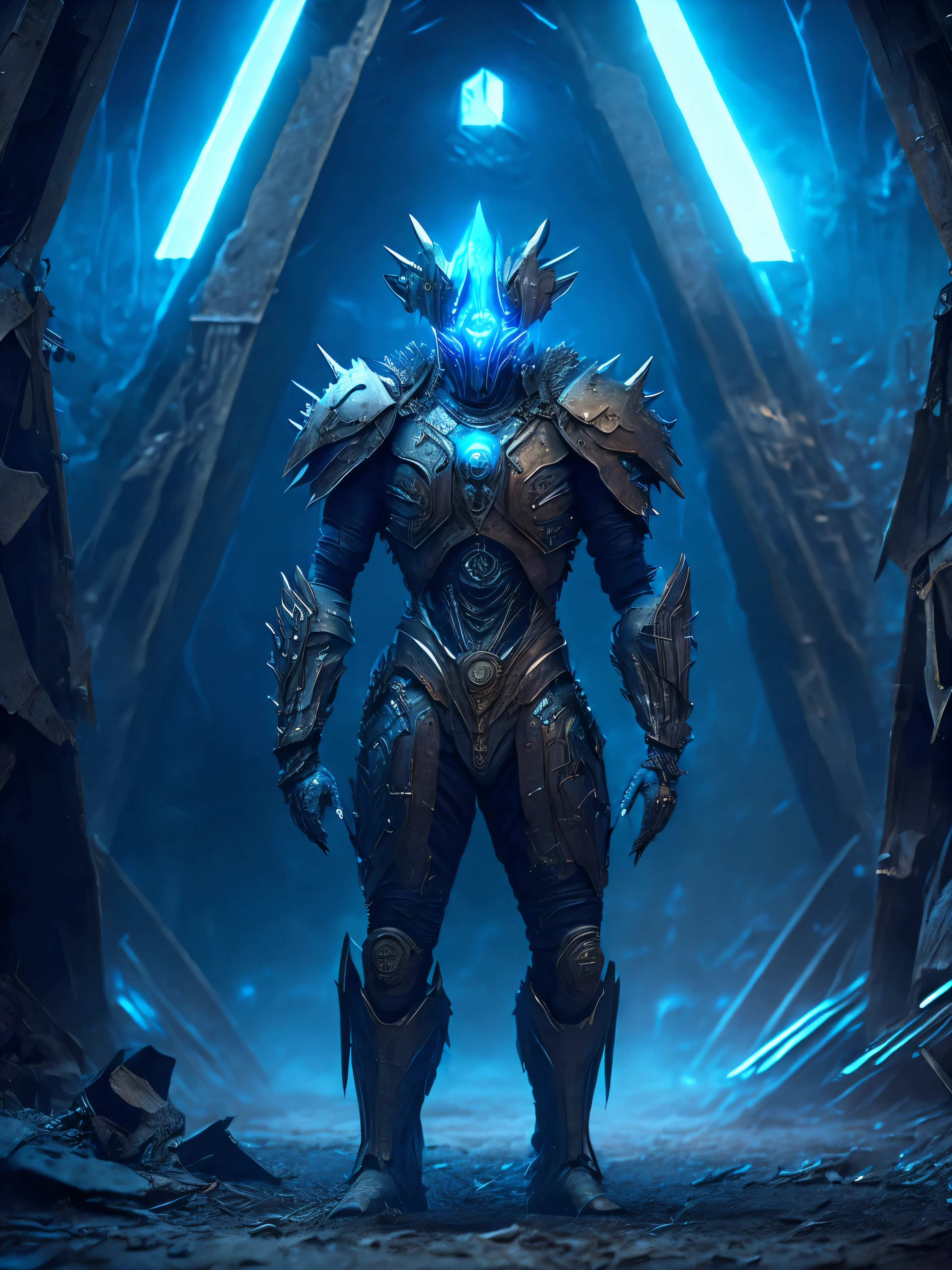 breathtaking cinematic science fiction photo of a full body Grim, metal skin, body full of dirty leather and glowing metrics inside, glowing blue eyes, multifaceted eyes, metallic arms, pointy sharp fingers, inside a destroyed building, extremely menacing creature, highly detailed, award-winning